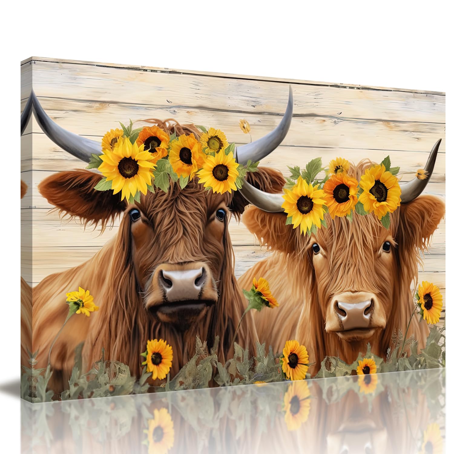 GLOKAKA Rustic Cow Canvas Wall Art Farmhouse Wall Decor Print Picture Animal Cow with Sunflower on Wood Panel Poster for Kitchen Home Living Room Decoration — image 1