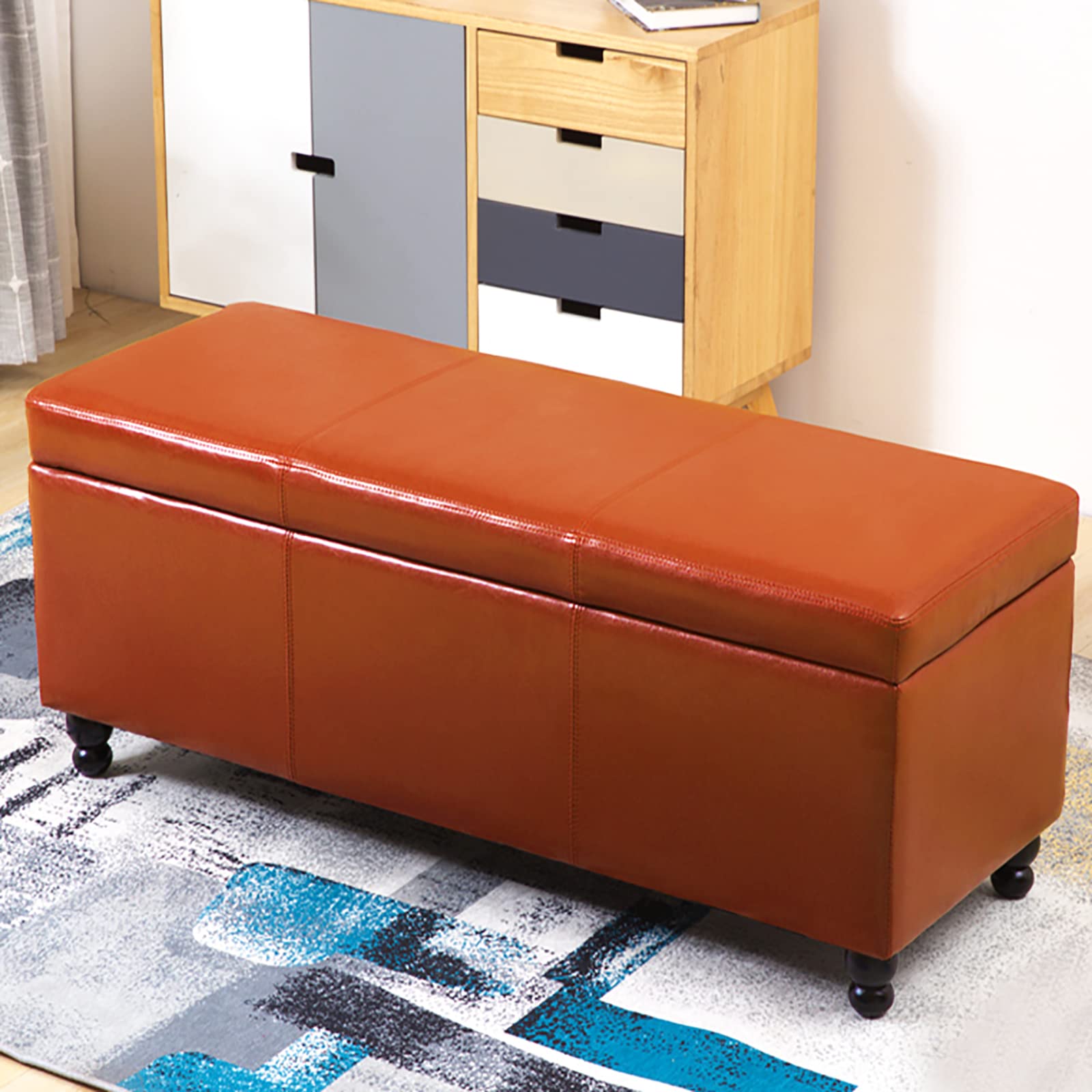 Coffre de rangement moderne en cuir et bois au design épuré