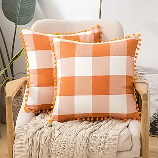 MIULEE Set of 2 Fall Throw Pillow Covers Buffalo Plaid Check Pillow Covers with Pom-poms Decorative Couch Throw Pillows Farmhouse Cushion Cases for Sofa Couch 18x18 Inch Orange and White