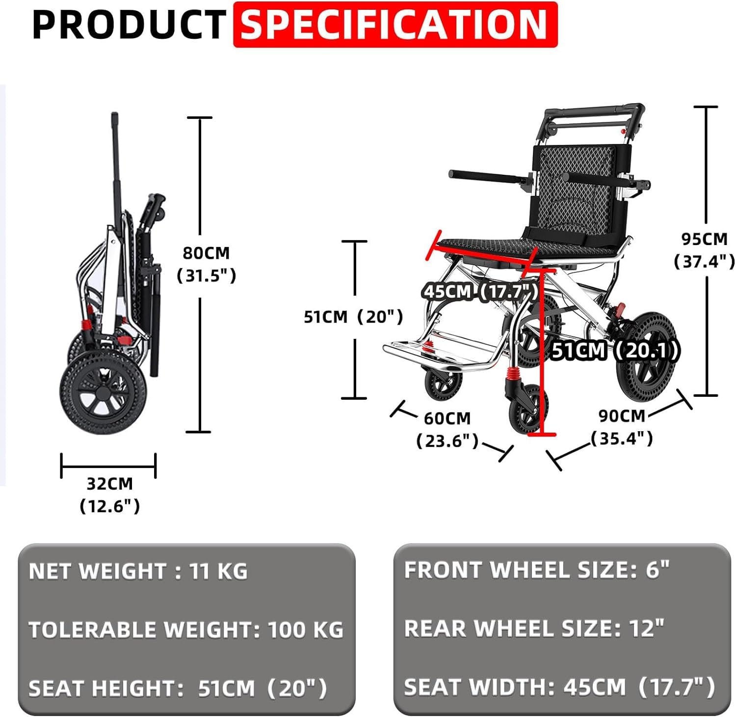 Silla de ruedas plegable ligera con frenos de mano, soporta 220 libras, silla de ruedas de aluminio para adultos y personas mayores, silla de ruedas de viaje de transporte, cinturón de seguridad,
