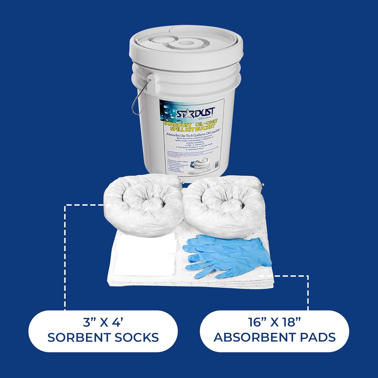 Stardust Spill Products D905P Oil Spill Kit OSHA Approved with Portable Bucket, (15) Oil Absorbent Pads, (2) 3"x4' Absorbent Socks, (4) Disposal Bags & Nitrile Gloves Oil Spill Kit for Fast Response