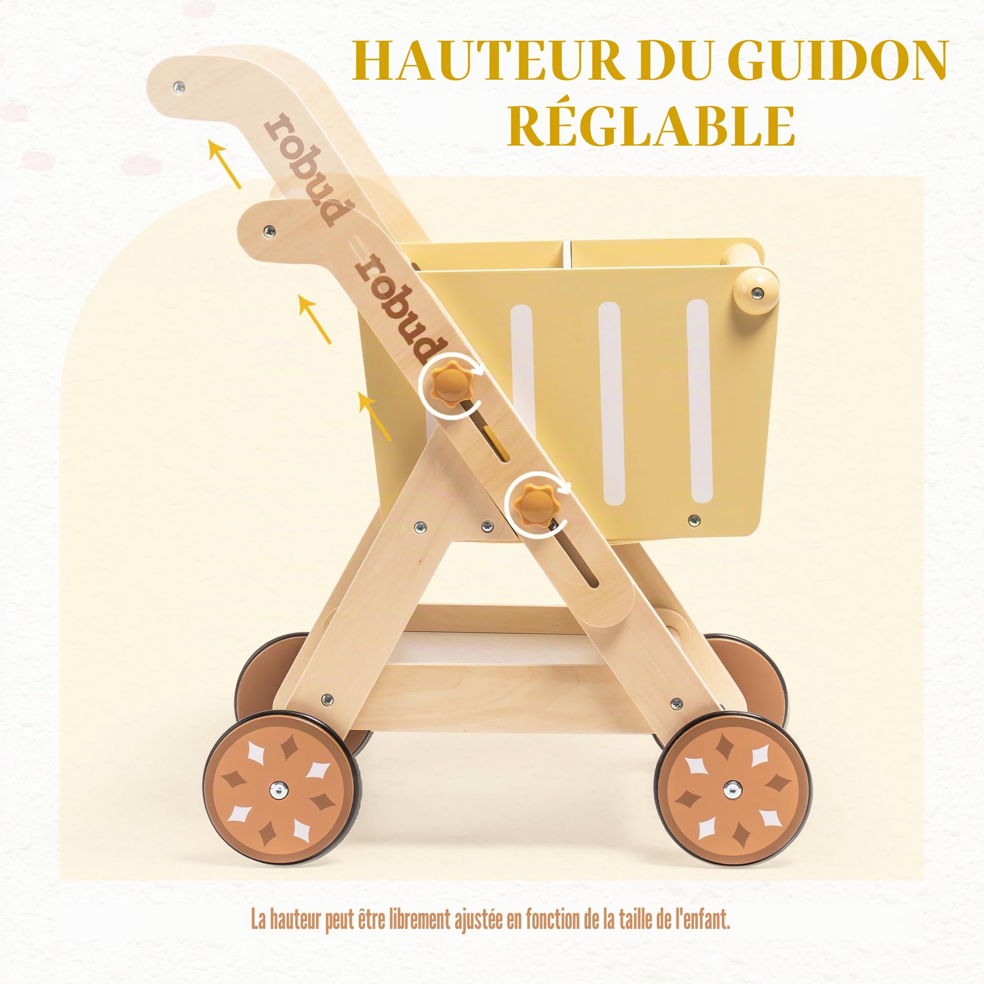 ROBUD Poussette en Bois pour bébés - Chariot de Courses pour Filles et garçons, Hauteur réglable pour Enfants et Tout-Petits, Jouets d'apprentissage pour Enfants de 10 Mois à 1 an