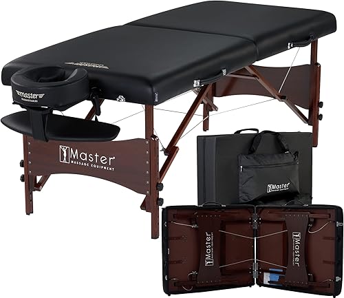 Master Massage Newport - Paquete de mesa de masaje portátil con cojín más denso de 2.5 pulgadas, madera dura teñida de nogal, cables de soporte de
