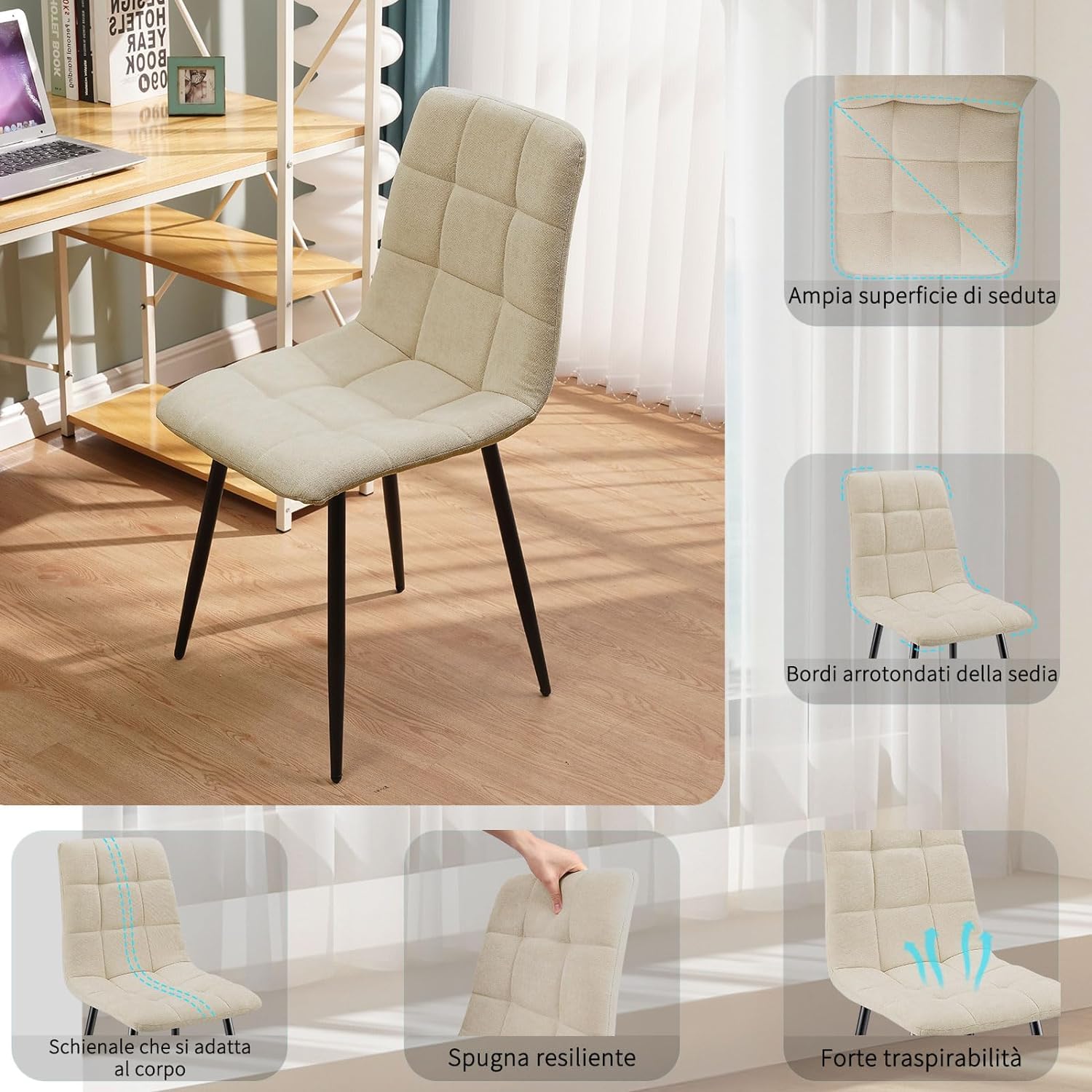 JIJIAN Set di 8 Sedie da Pranzo, Sedie Imbottite con Tessuto di Lino e Gambe in Metallo Nero, Design a Scacchi, per Sala da Pranzo, Soggiorno, Camera da Letto, Cucina, Soggiorno, Reception, Beige