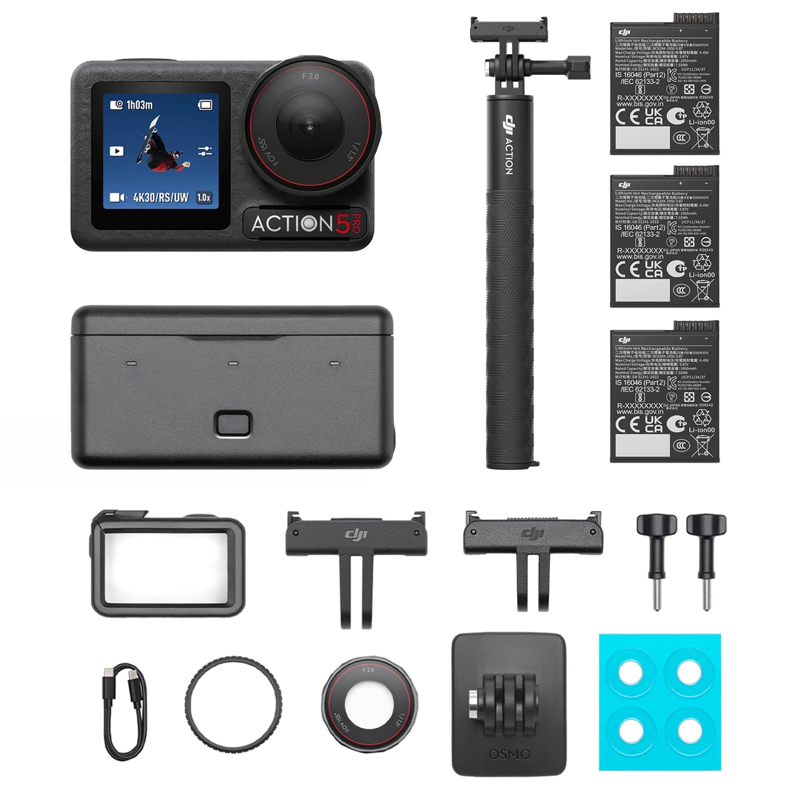 DJI Osmo Action 5 Pro Combo Adventure Bundle, Action Cam 4K con Sensore 1/1.3", Batteria Lunga Durata 12h con 3 Batterie, Due Touchscreen OLED