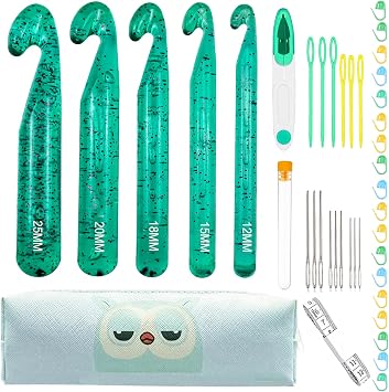 43 Pcs Large Crochet Hooks Set,12mm 15mm 18mm 20mm 25mm Large Crochet Hooks for Chunky Yarn,Plastic Crystal Smooth Big Crochet Needles for Handmade DIY Crochet with Storage Bag