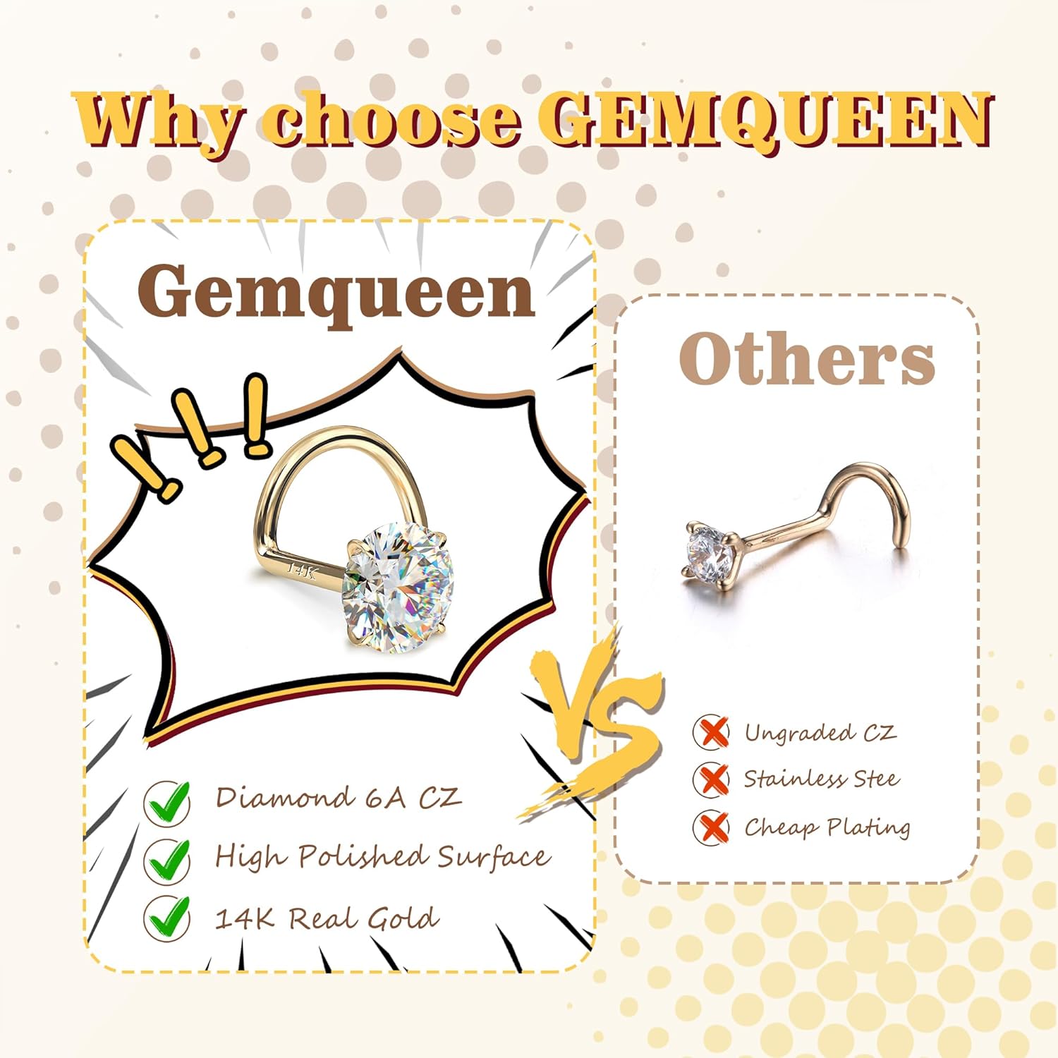 14K Gold Nose Rings Studs : Solid Gold 18G 20G 22G Screw Nose Rings Simulated Diamond CZ Nose Studs Hypoallergenic Nose Piercings for Women Men - Image 5