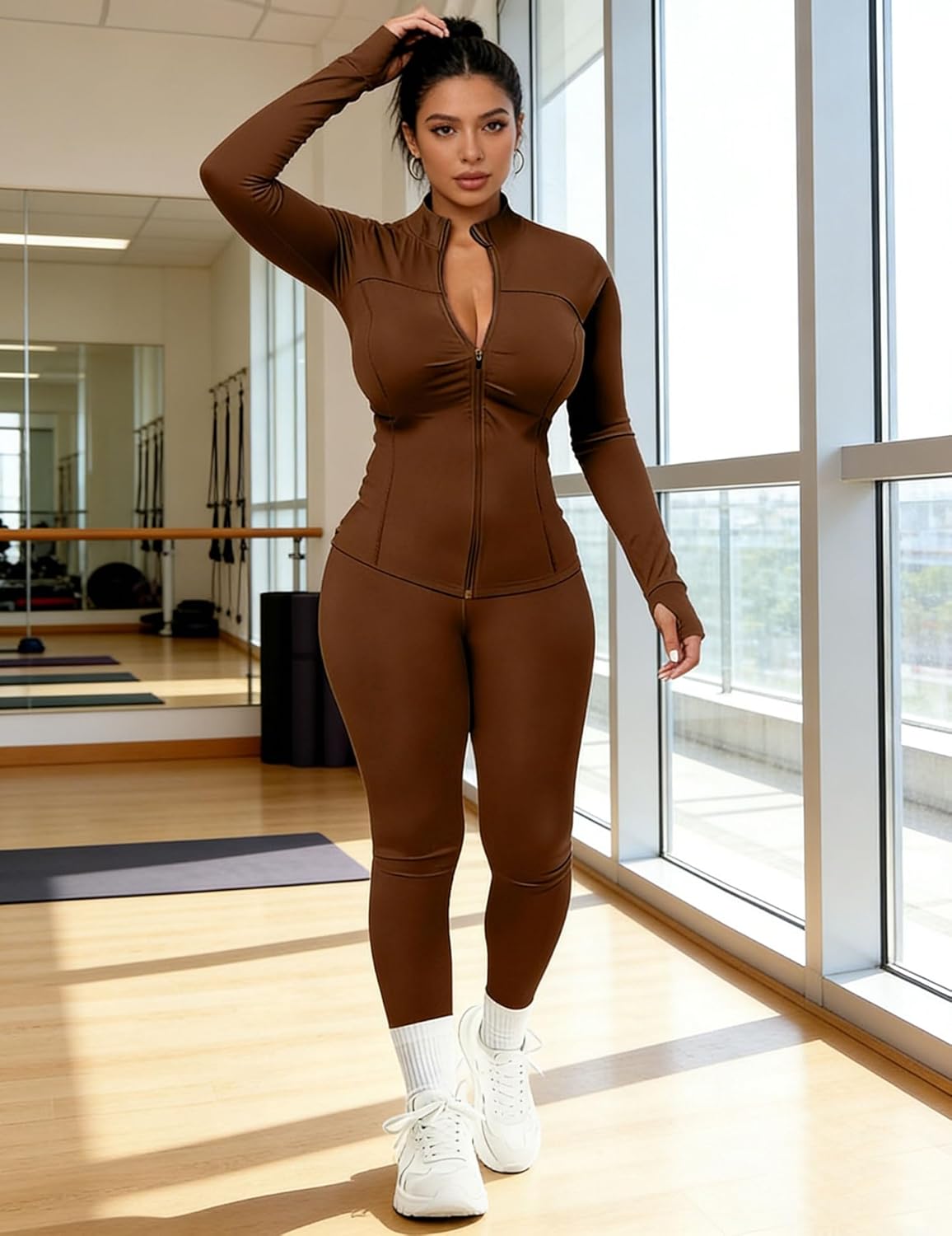 UOUA Womens Workout Set Two Piece Outfits Bodycon Long Sleeve Zipper Jacket & Leggings for Gym Tracksuit - Image 2