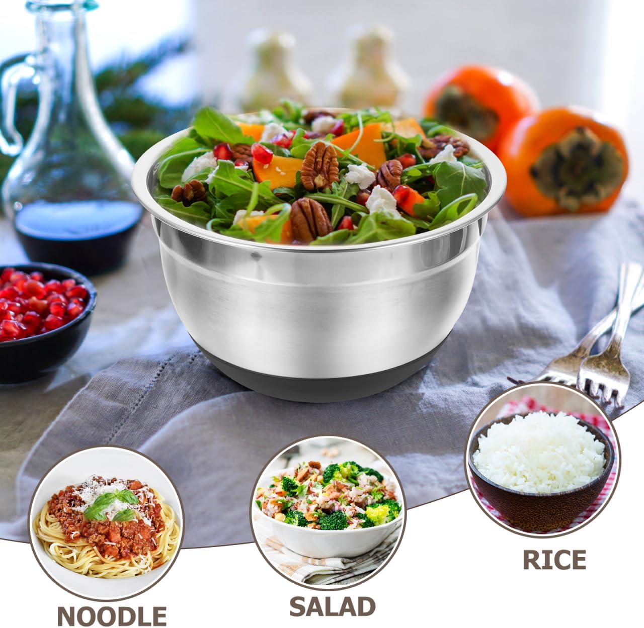 Ciieeo Silicone Bottom Mixing Bowl 2-Quart Stainless Steel Bowl for Salad Eggs Dough and Food Prep Non-Slip Kitchen Mixing for Cooking Baking Indoor and Outdoor Use
