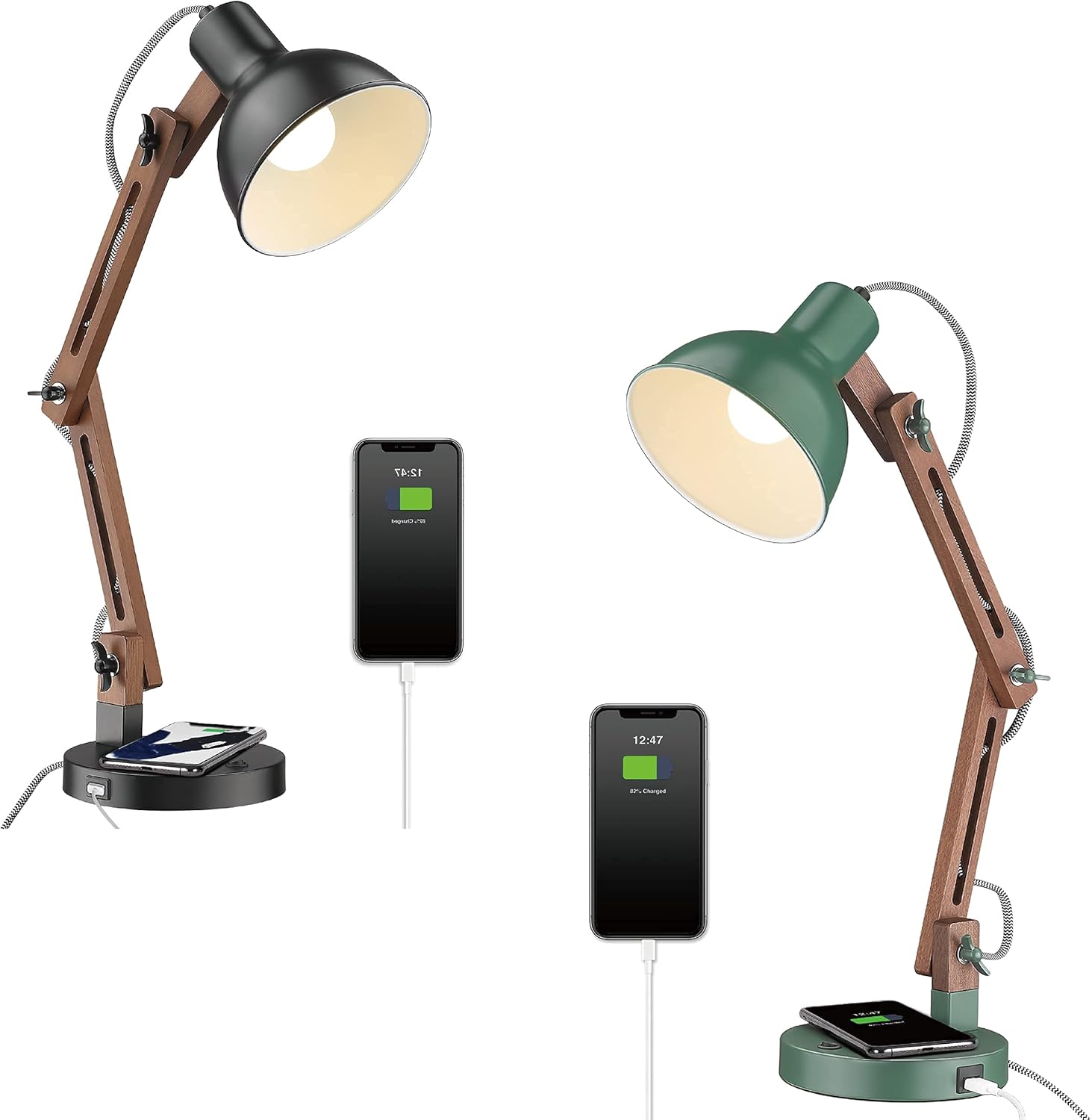 ELYONA LED Desk Lamps with Wireless Charging & USB Port, Swing Arm, Set