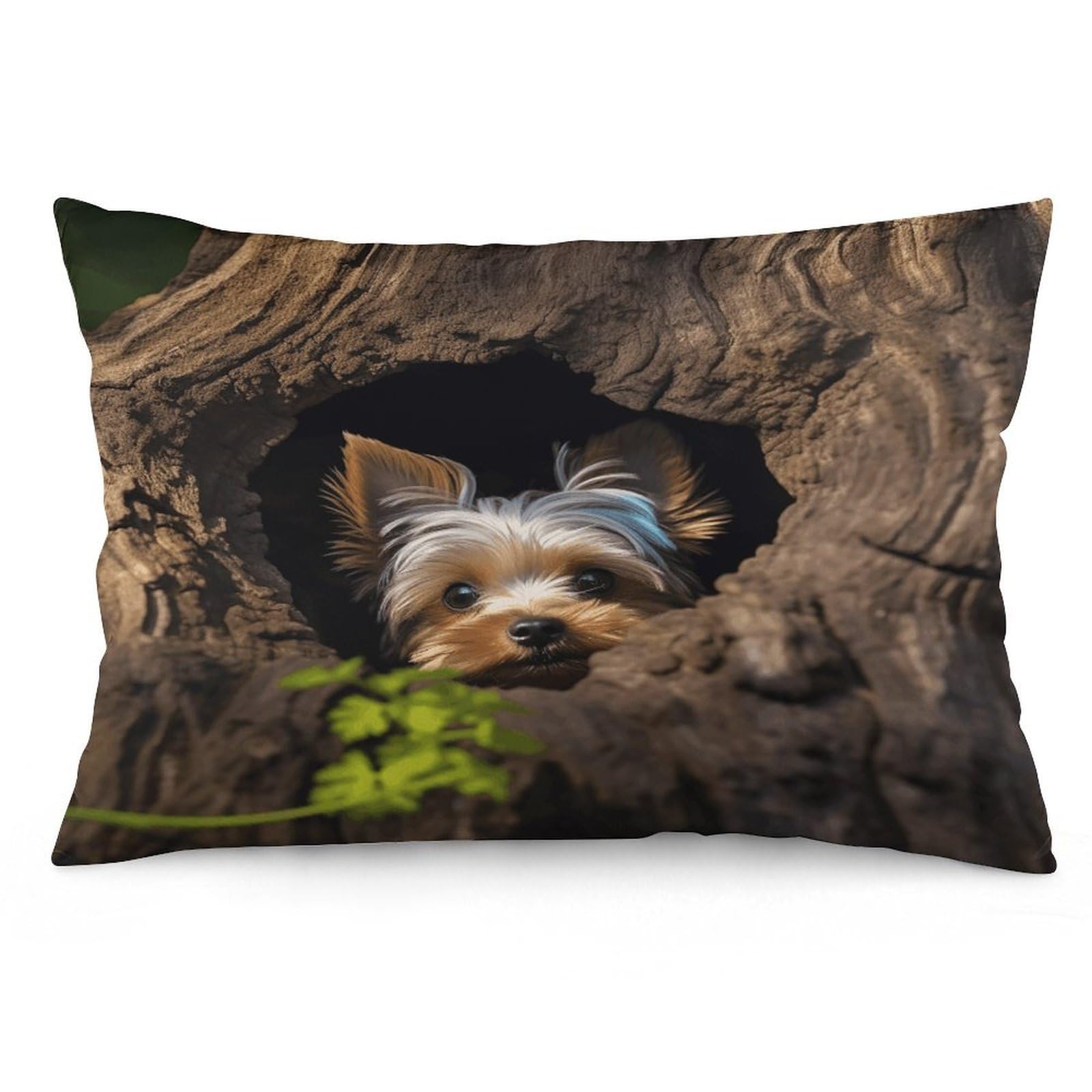 A Little Yorkshire Terrier Nestled in A Tree Hole Throw Pillow Cover Soft Pillow Case Decorative Lumbar Pillow Cover Cozy Throw Pillowcase Polyester Rectangular Cushion Case Decor for Couch Sofa Bed