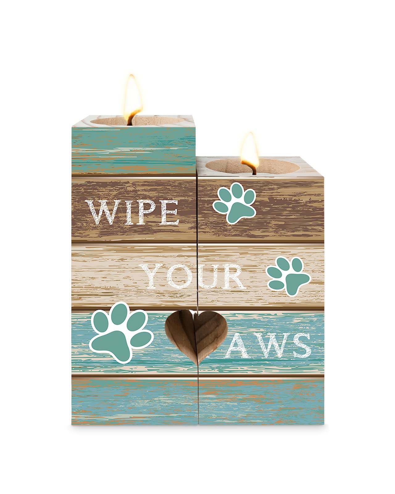 Teal Turquoise Candle Holder with Tea Light, Vintage Wood Tealight Candle Stick Holder Pillar Centerpiece, Ristic Farmhouse Brown Paw Prints Heart-Shaped Tall Wooden Tea Light Candle Holders Decor Set
