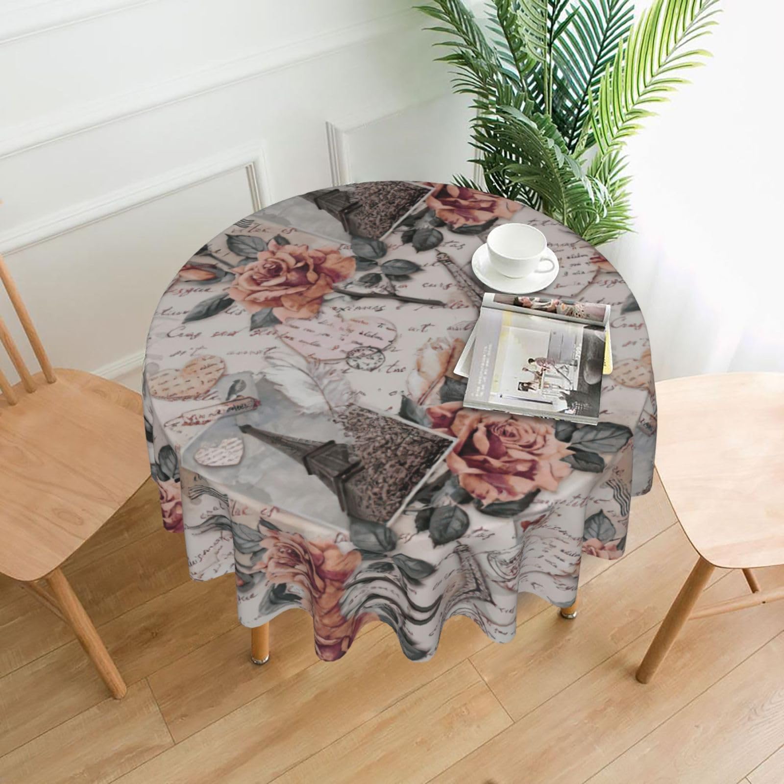Zcmkjlg Flower Paris Eiffel Tower Print Quick Ship Round Tablecloth 60in Polyester Washable Cover for Dining Room