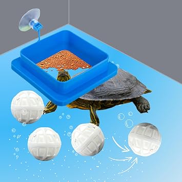 Aquatic Turtle Tank Accessories Feeding Ring and Nitrifying Balls, Turtle Feeding Ring with Suction Cup, Fish Food Holder and Aquatic Toys for Turtles Tortoise Goldfish Guppy Koi Puffer Blue, Square