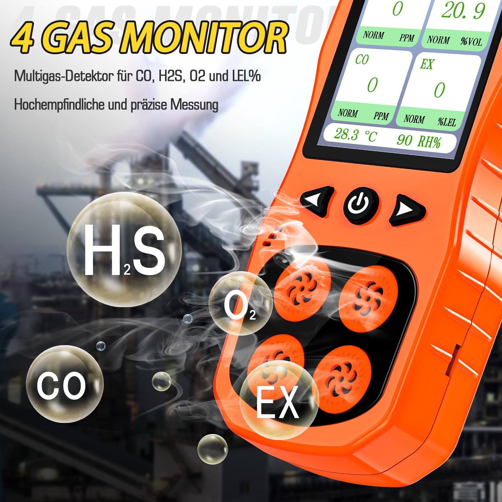 4 Gasmelder, Tragbar 4 Gas Monitor für H2S, CO, LEL und O2 Analysator, Wiederaufladbarer 4 Gasdetektor mit Ton, Licht und Vibration, Orange