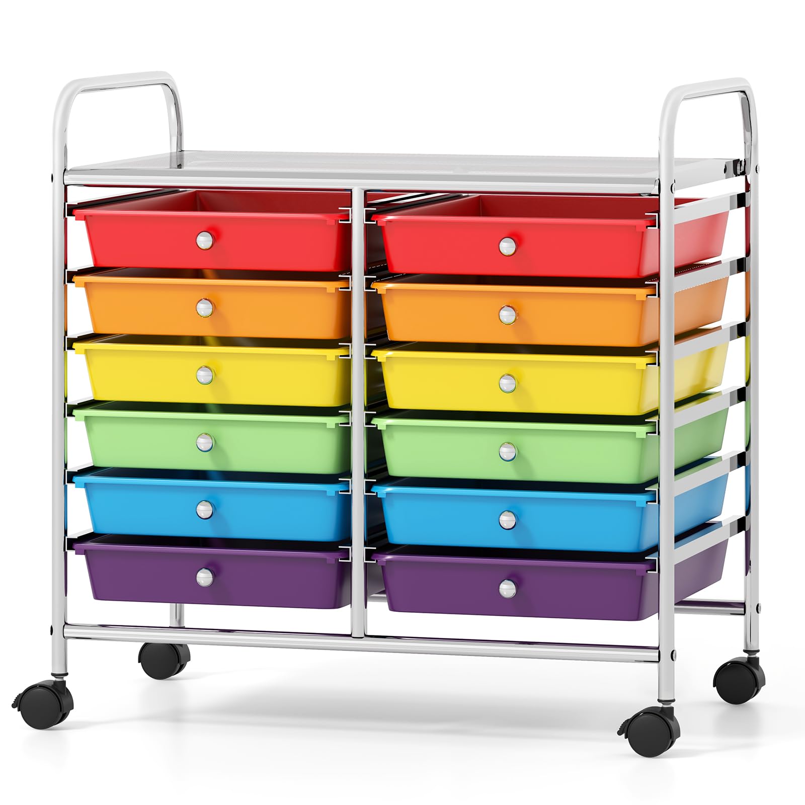 GIANTEX Chariot de Rangement, 12 Tiroirs, roulettes Pratiques, Grande Planche de Travail, Poignées Latérales, Glissières Douces, Chariot Polyvalent pour Salon, Cuisine, Bureau (Multicolore)