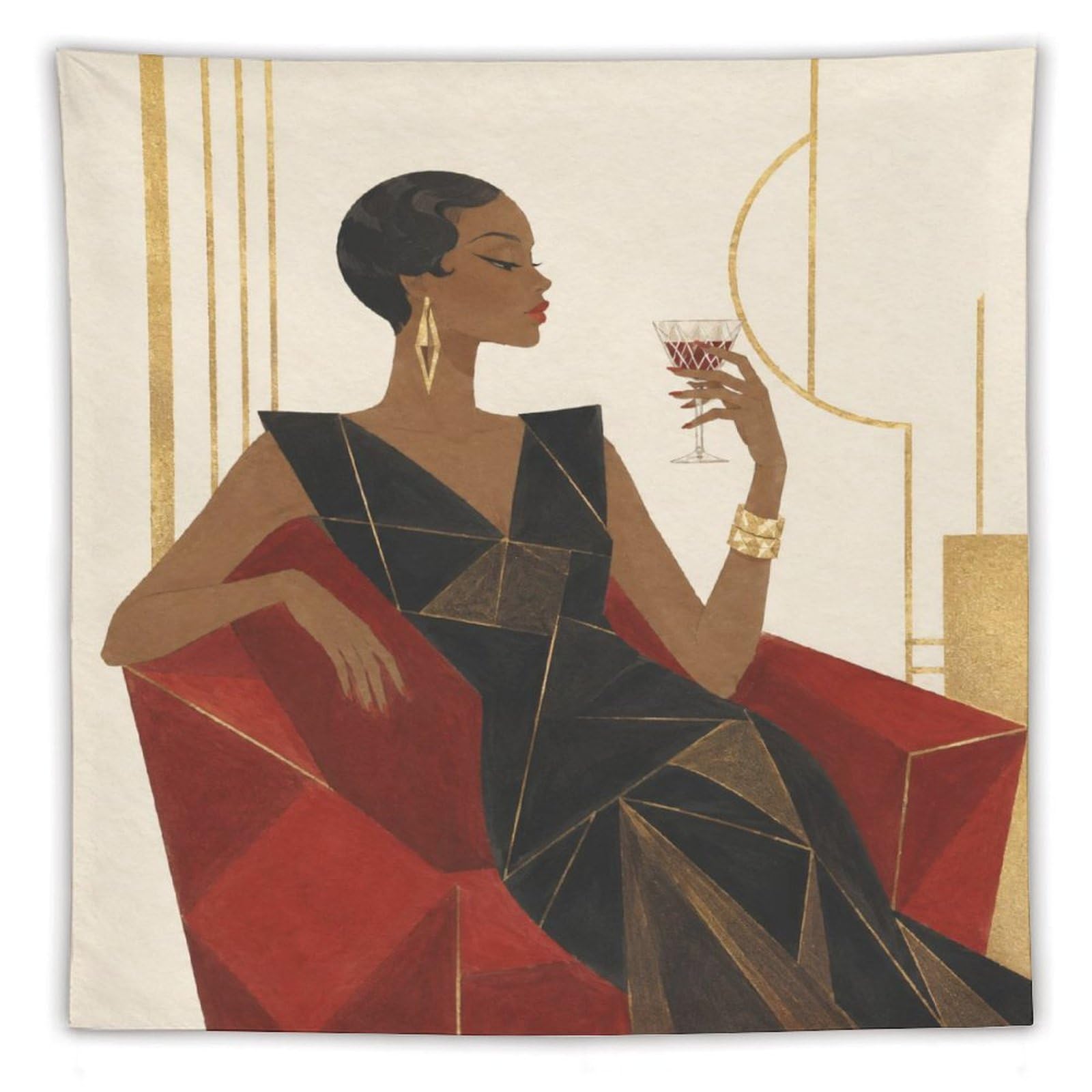 W7C8U2X3 Elegant Woman with Wine Wall Tapestry, Geometric Art, Red Chair