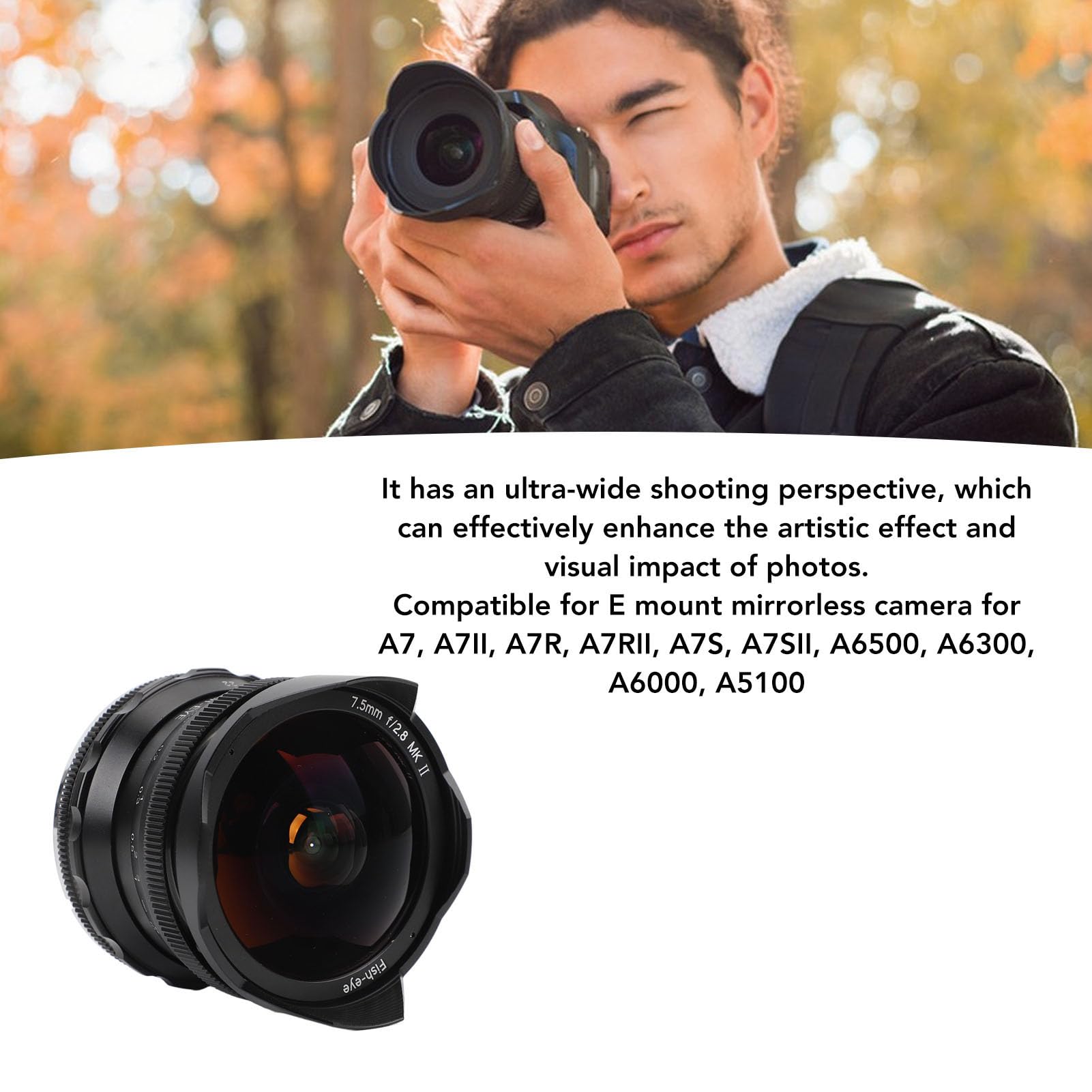 Obiettivo Fisheye da 7,5 Mm F2,8, Obiettivo Fisso con Messa a Fuoco Manuale con Portata di 180 Gradi per Fotocamera Mirrorless APS C con Attacco E, Compatibile con A7 A7II A7R