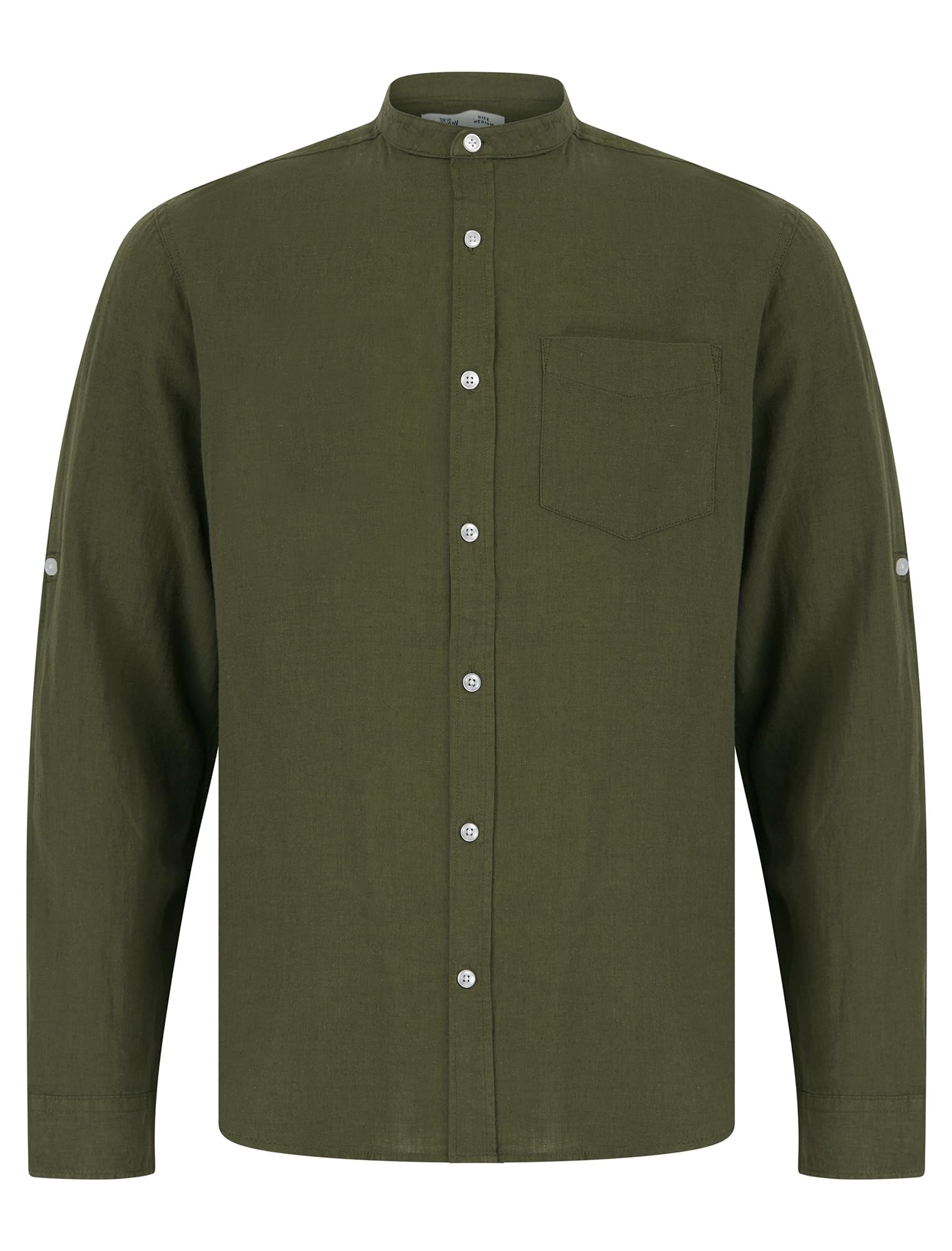 Tokyo Laundry Men's Ivy Green Gosier Grandad Collar Long Sleeve Linen Cotton Blend Shirt