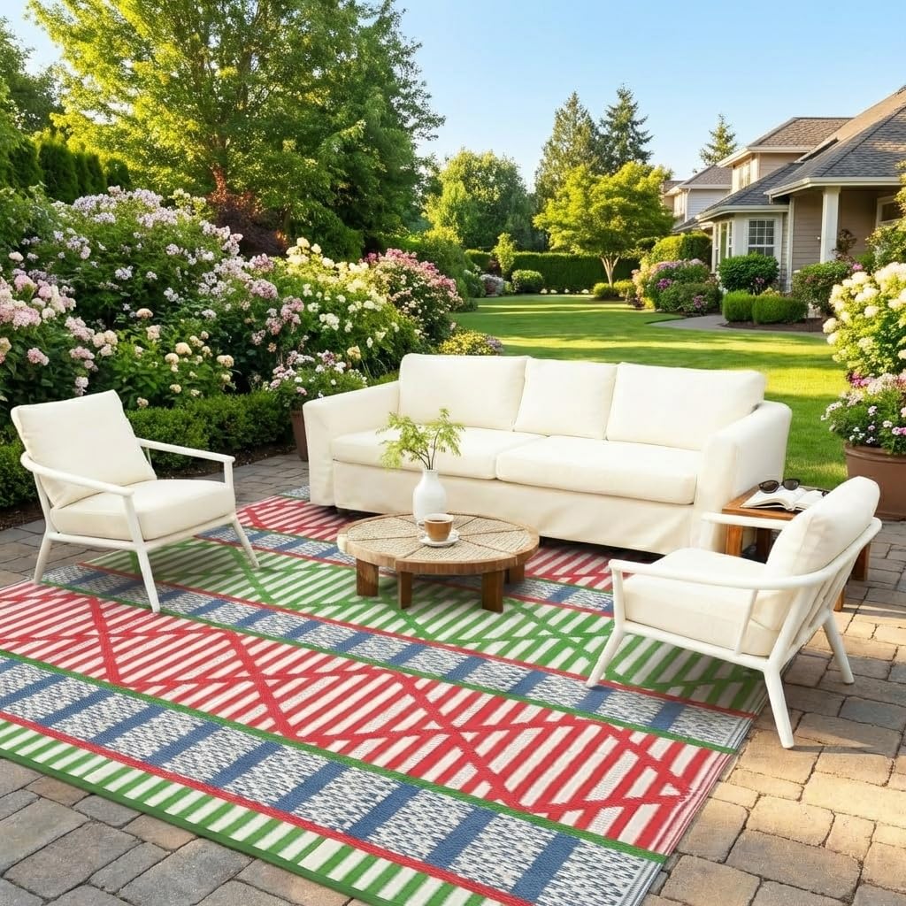 MilleLoom Waterproof Outdoor Rug 8x10, Modern Striped Geometric Reversible Plastic Straw Patio Camping Rugs, Outdoor Indoor RV Mat Carpet for Patio,