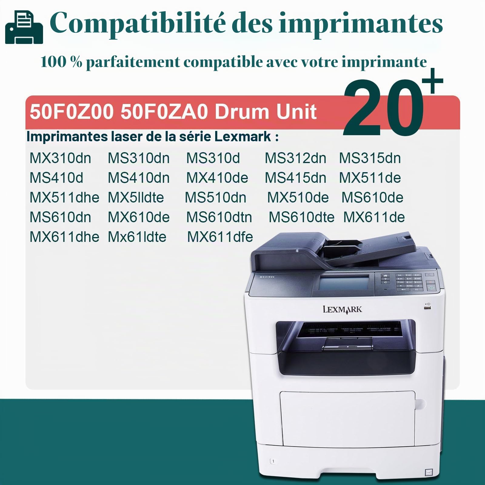 Unité tambour 50F0Z00 compatible pour Lexmark 50F0Z00 50F0ZA0 MS312dn | Compatible avec Lexmark MS310dn MS415dn MS410dn MS410d MS410 MS317dn MS510dn MS510 MX410 MX410de MX511 MX511de MX611de MX611