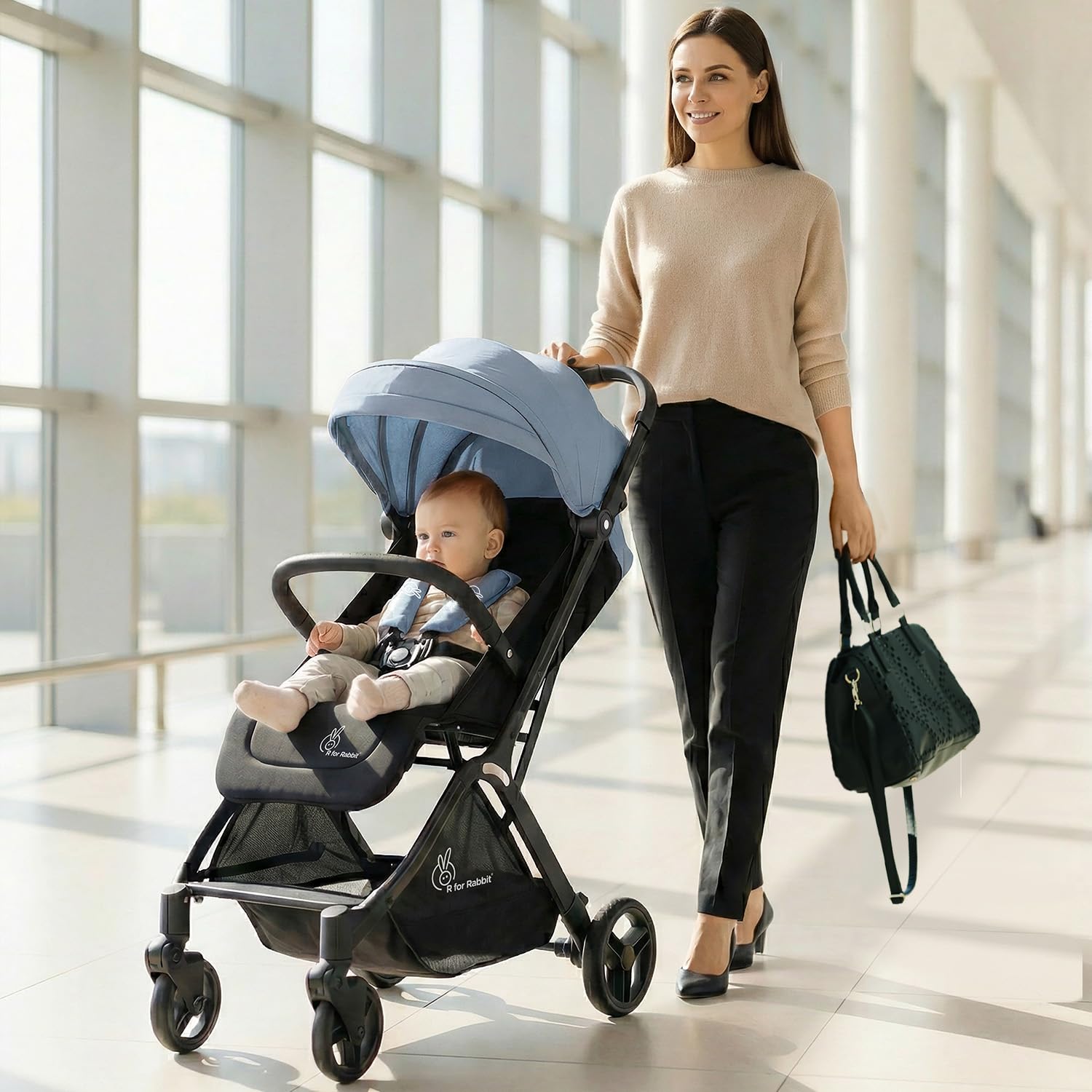 R for Rabbit Street Smart Ace Auto Fold Stylish Newborn Baby Stroller| Aluminum Frame Pram with One Click Fold |Travel Friendly Cabin Trolley Stroller for 0-3 Years Kids||(Blue Black)