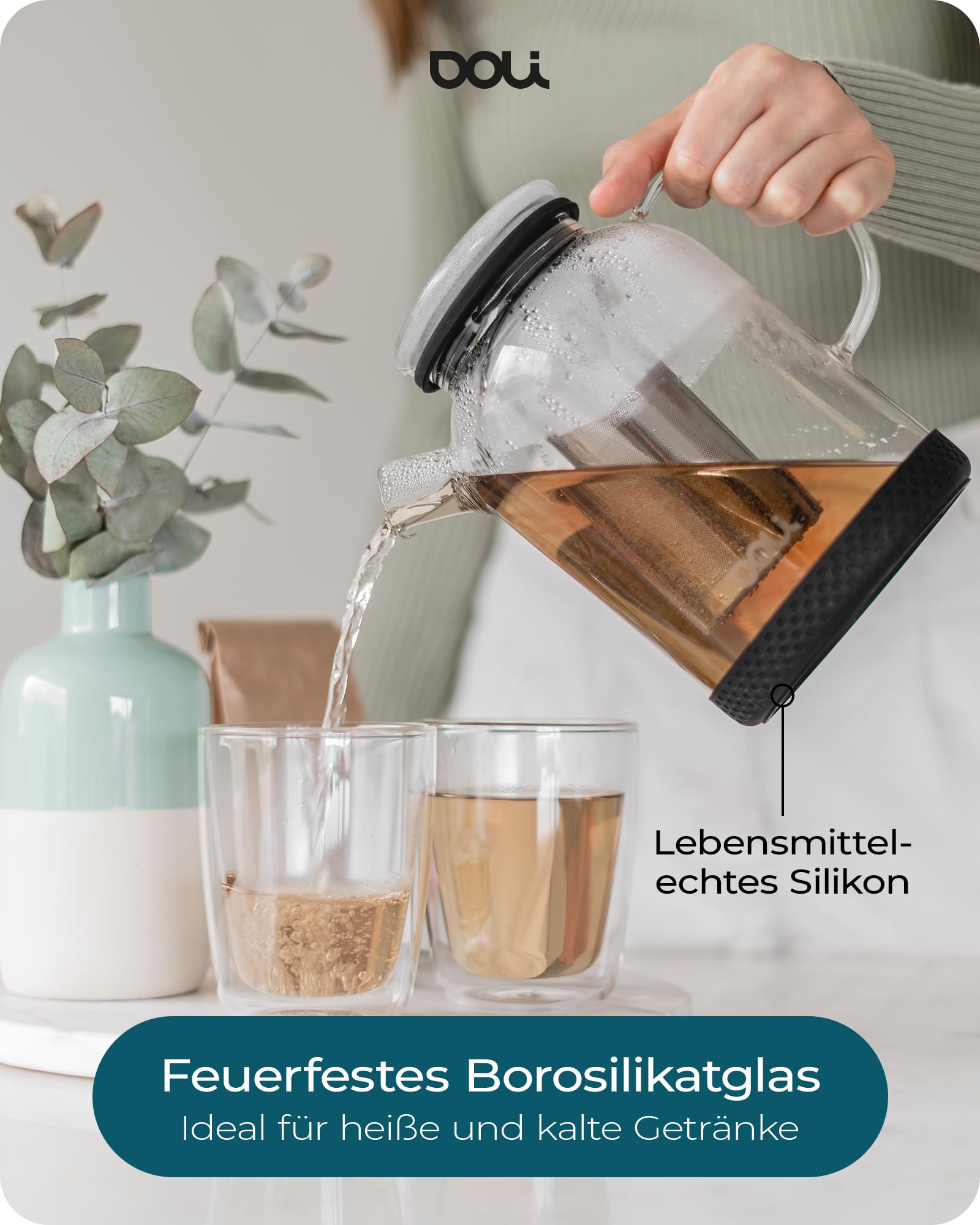 Doli 1,5L Teekanne Glas mit Siebeinsatz Grey - Langes Edelstahl Sieb für pures Aroma - für heiße & kalte Getränke - Spülmaschinenfest - BPA-frei