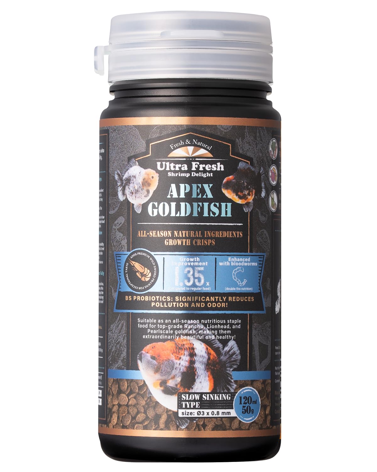 Ultra Fresh Apex Goldfish Growth Crisps, Premium All Natural Ingredients Goldfish Fish Food, Slow Sinking, 1.76 oz