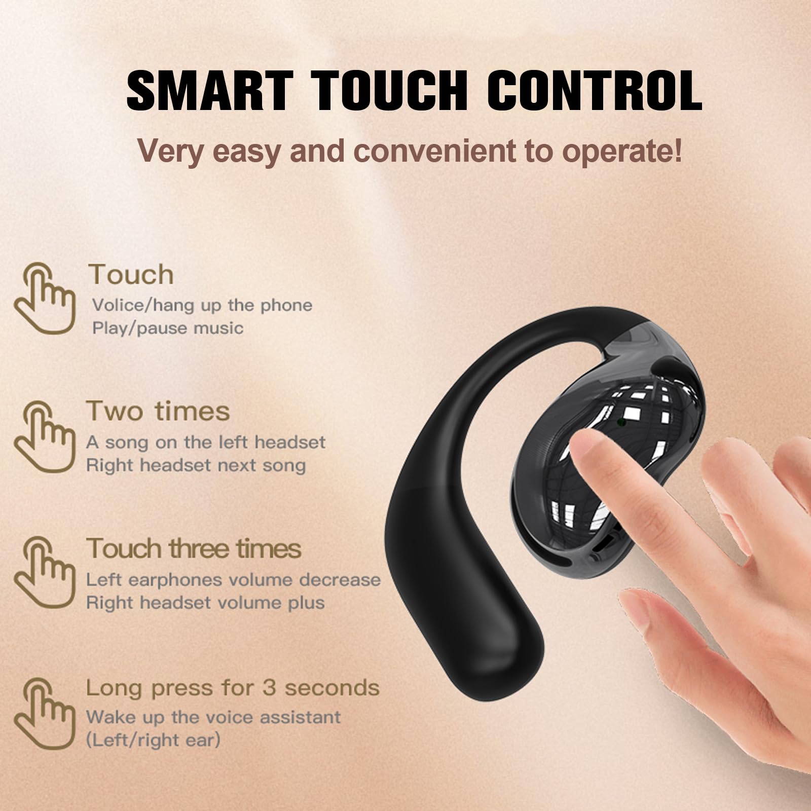 TWS - Auricolari wireless Bluetooth Smart Touch Screen Ultra Open Ear con ganci per le orecchie, auricolari sportivi con schermo sulla custodia, conduzione dell'aria, touchscreen, cuffie Bluetooth per