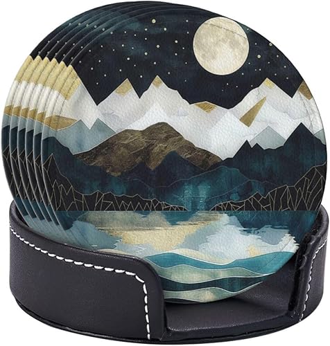 Miniatura 7 de Juego de 6 posavasos de cuero con diseño de agua de mar, diseño de arena, playa, olas y agua, con soporte, adecuado para tipos de tazas