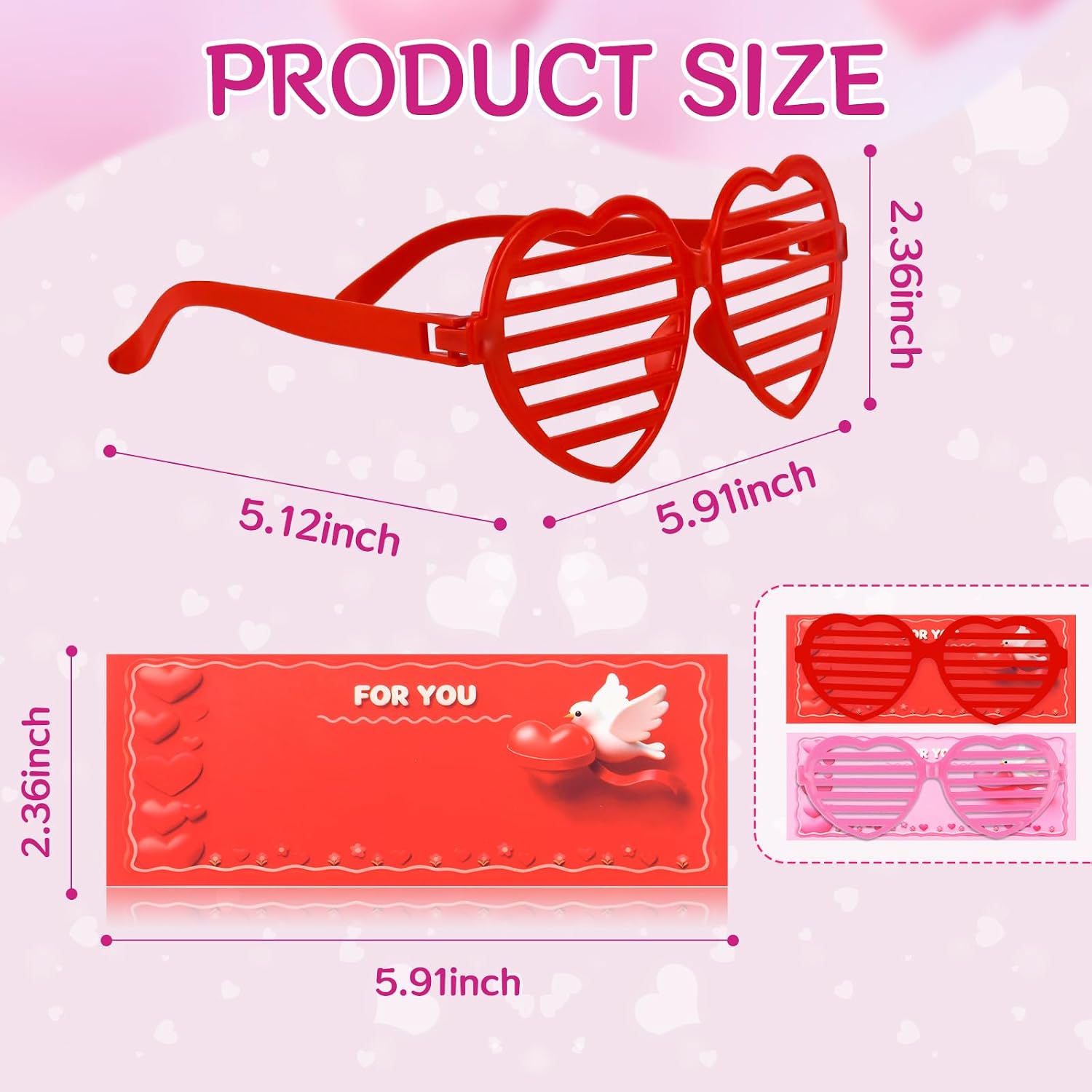 12 Pcs Heart Shaped Shutter Shade Glasses with Gift Cards, Valentines Party Favors, Valentine's Classroom Exchange Prizes Gifts for Kids Boys Girls (Red+Pink)