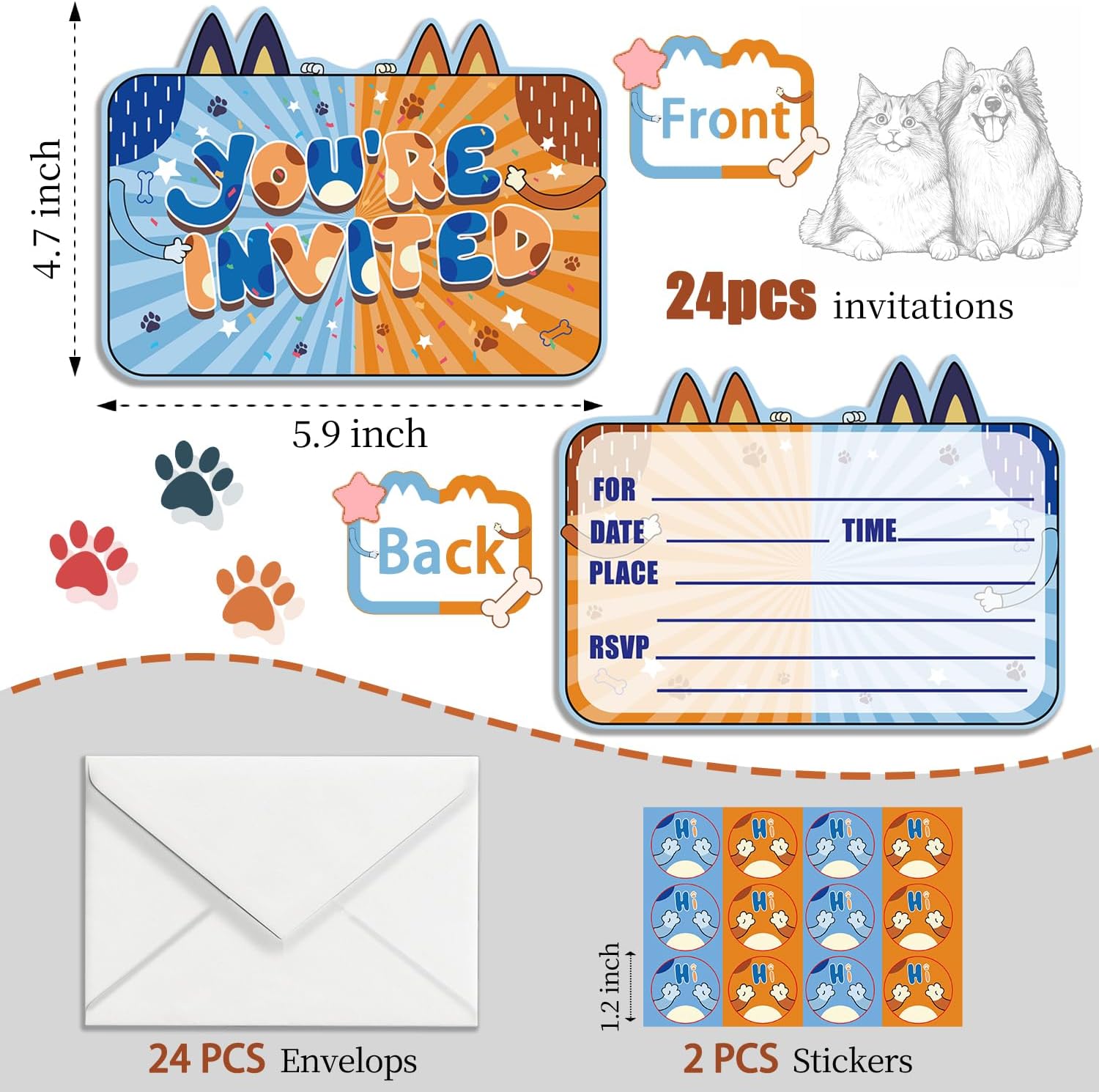 24 Pcs Cartoon Dog Birthday Party Invitations with Envelopes and Stickers, Dog-themed Birthday Invitations for Puppy Birthday Party Decorations Supplies