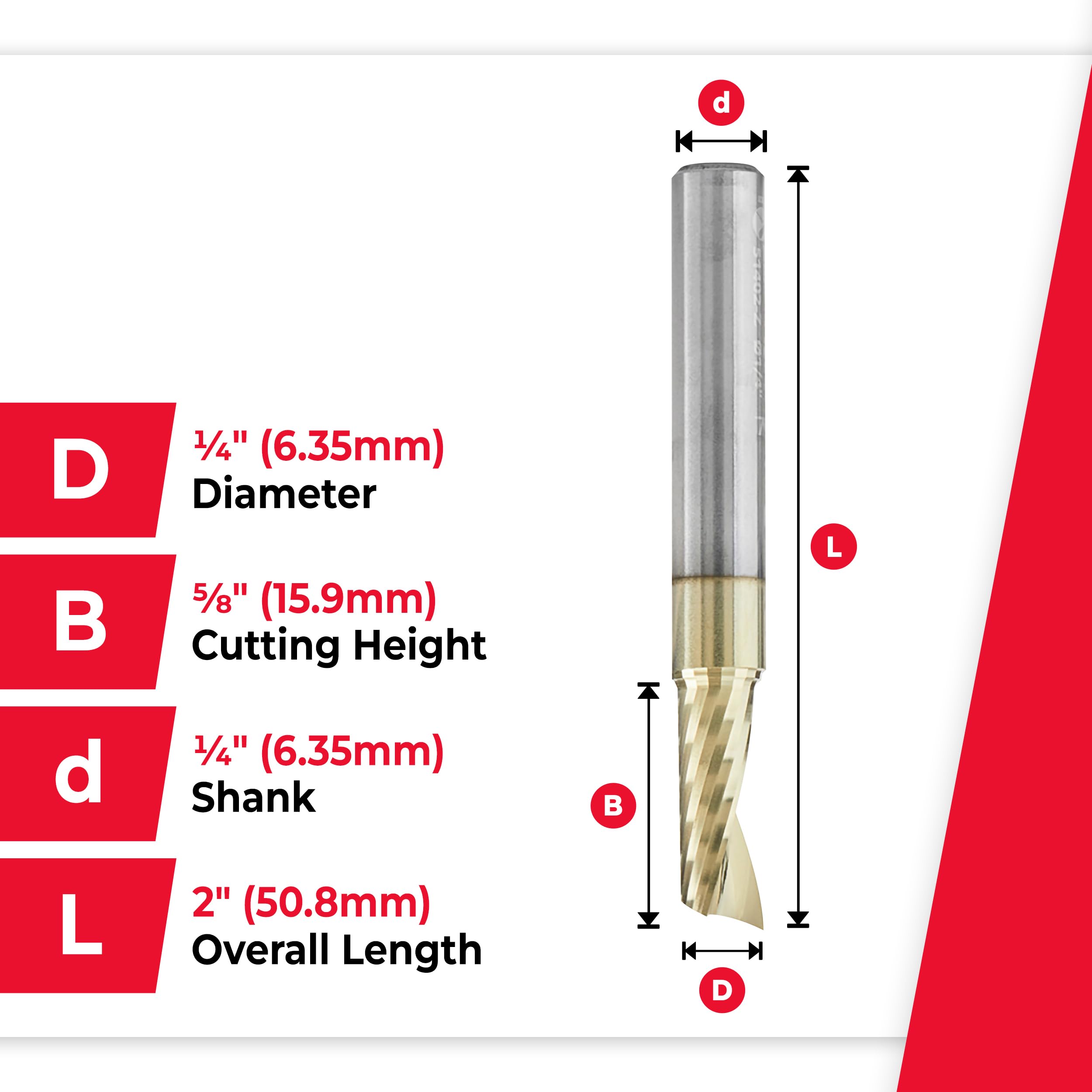 Amana Tool 51402-Z SC Spiral 'O' Single Flute, Aluminum Cutting 1/4 D x 5/8 CH x 1/4 SHK x 2 Inch Long Up-Cut ZrN Coated Router Bit withMirror Finish