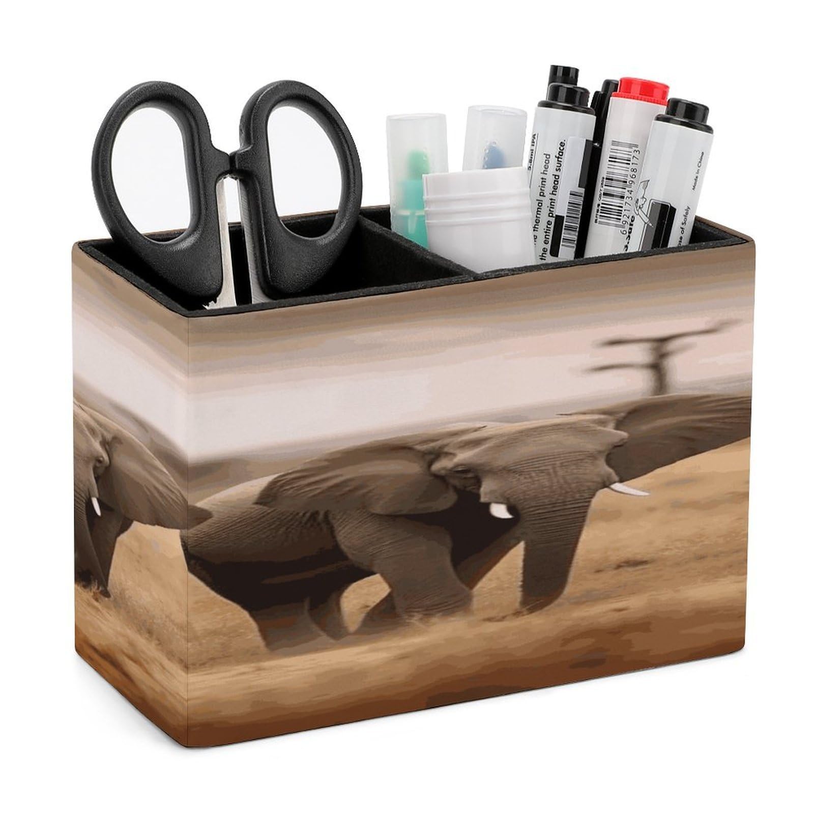 VstaDank Wild Animals Elephants Pencil Holder for Desk(Double Slots) Fashion Leather Pencil Cup Simple Rectangular Shape Pen Holder Multi-Functional Pen Cup for Home Office Supplies Storage