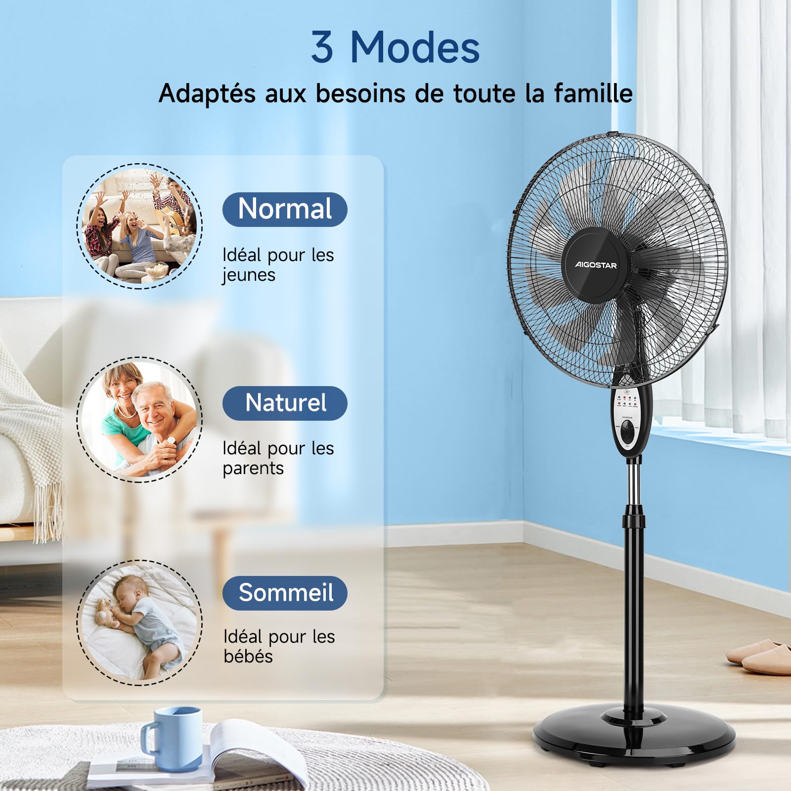 Aigostar Ventilateur sur pied silencieux, 9 pales, télécommande, 3 vitesses, 3 modes, minuterie de 7,5 heures, oscillant à 80°, ventilateur à hauteur réglable, base antidérapante, 60 W, Carr