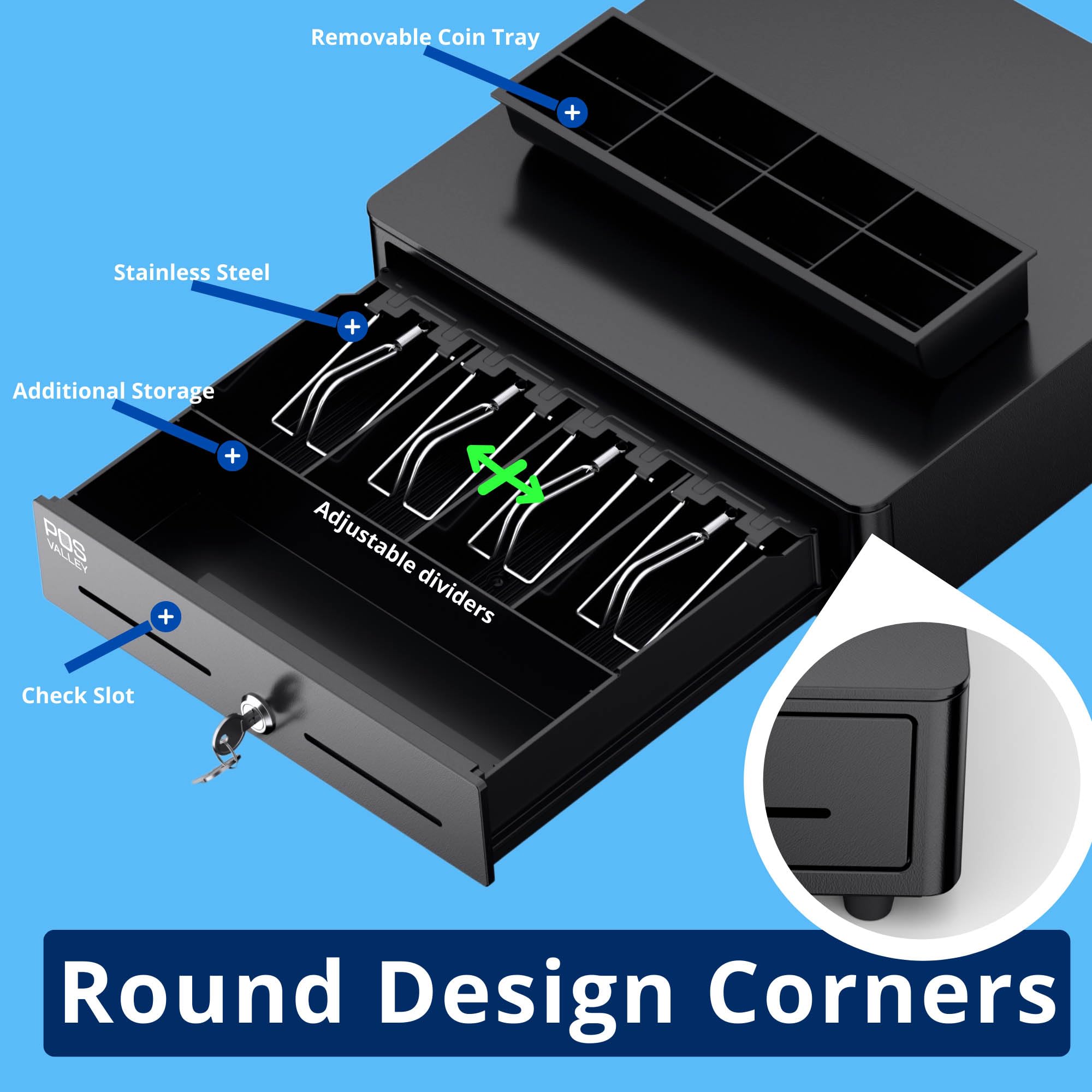 Cassetto Cassa Piccolo Mini In Ferro con Angoli Rotondi, 4 Scomparti Banconote/ 8 Monete (euro), Apertura Automatica RJ11/12, POS Stampante e Registratore di Cassa - 33x35 cm (Nero)