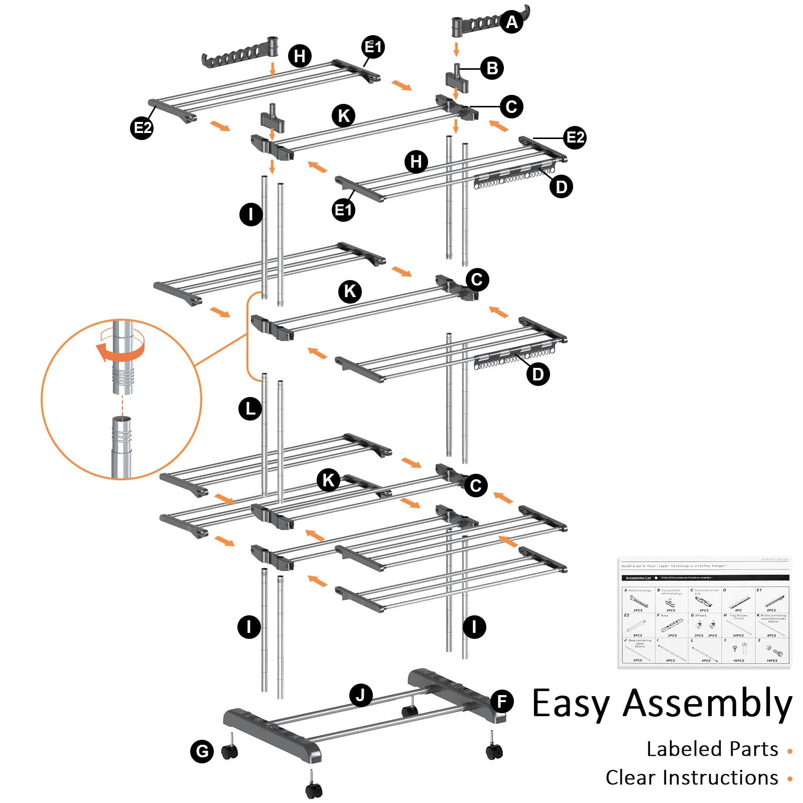 Tendedero Torre Vertical de Ropa con Ruedas 172cm Resistente Plegable Portatil Acero Inoxidable Clothes Drying Rack para Exterior Terraza Balcon (4 Niveles)