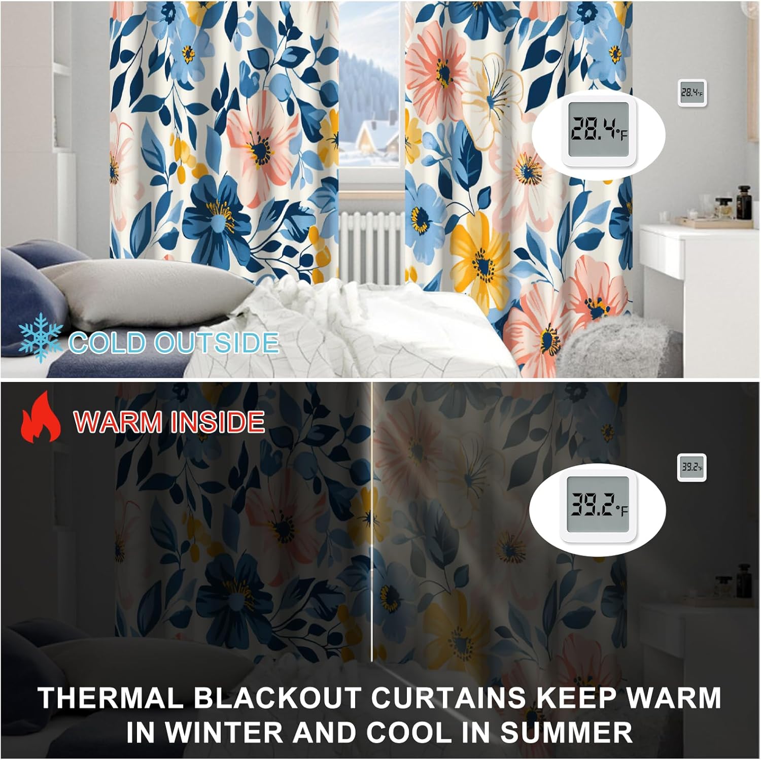Blackout Curtains for Bedroom Living Room, Spring Thermal Insulated Floral Darkening Drapes for Nursery, Grommet Soundproof Pattern Black Out Curtains 84 Inches Long 2 Panels Set with Curtain Tiebacks