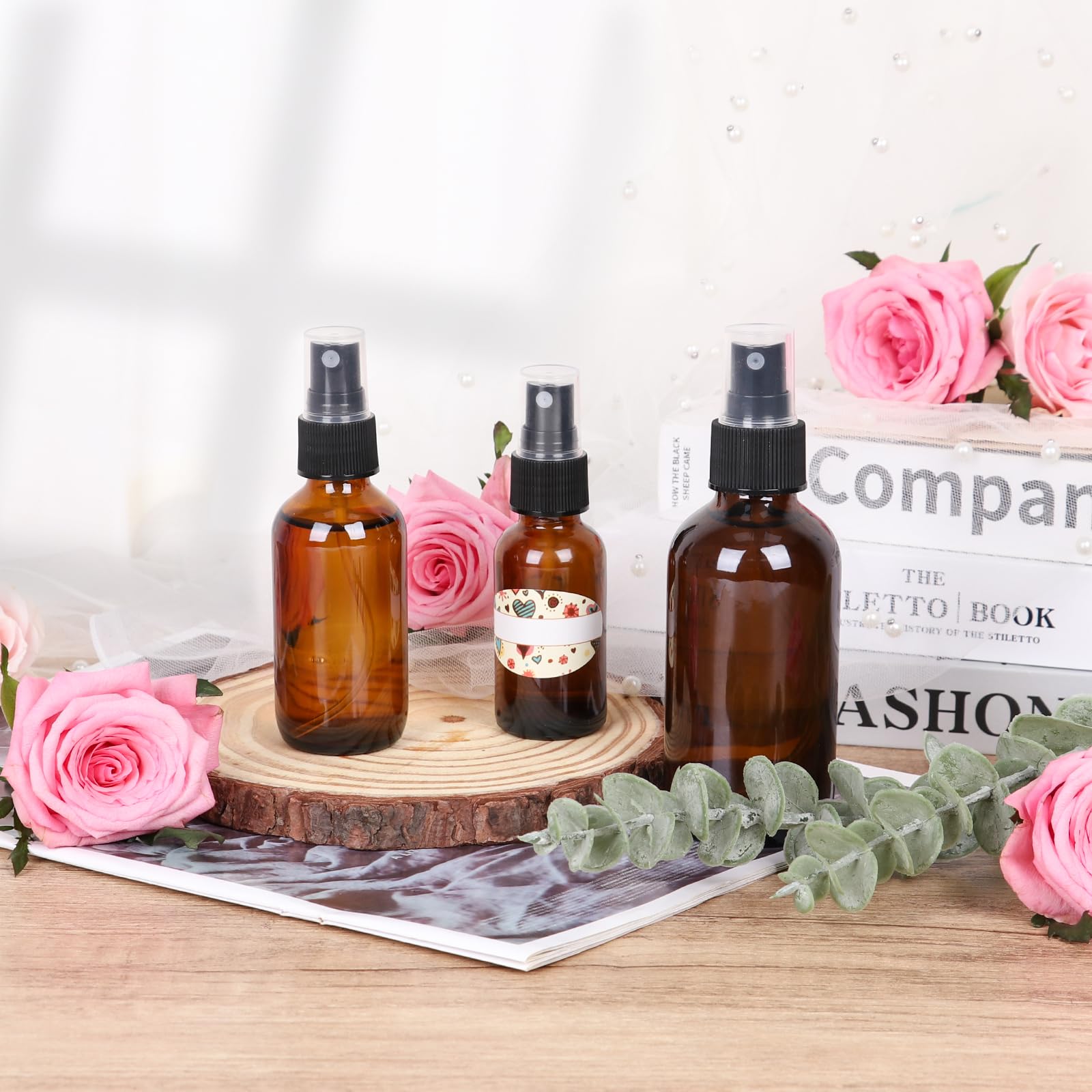 Paquete de 24 botellas de spray ámbar de 1 onza con pulverizador de niebla fina, botellas de viaje de vidrio de 30 ml para aceites esenciales cosméticos, soluciones de limpieza, perfumes y