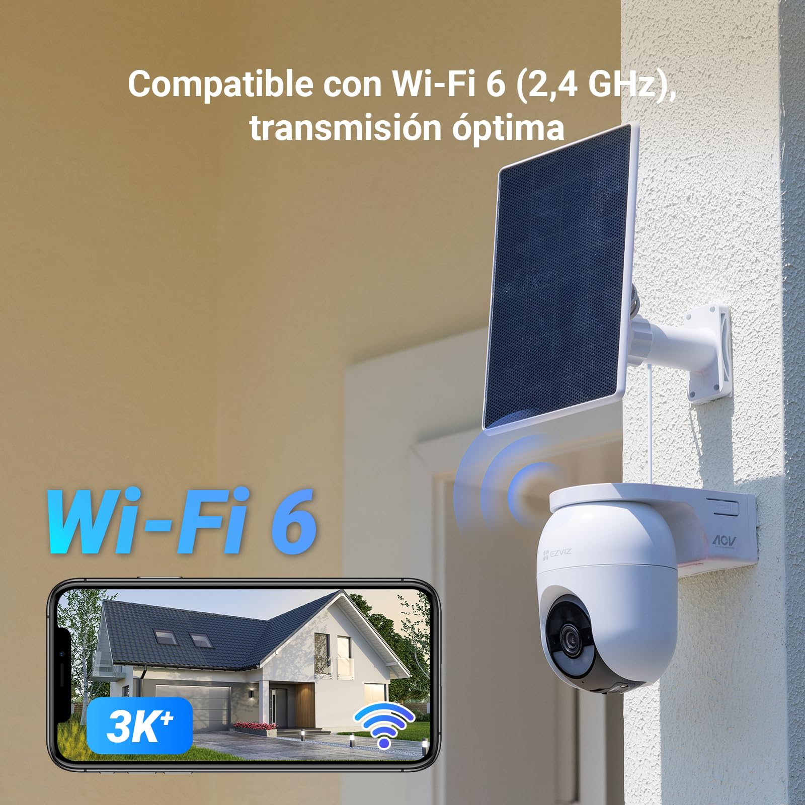 EZVIZ 6MP Cámara Vigilancia Exterior Solar con Batería, AOV,Wi-Fi,360° Sin Cables,3K+,Detección de Personas/Vehículos IA,Visión Nocturna Color,Zoom Automático.CB8 Lite+Panel Solar 5W,Seguridad Hogar