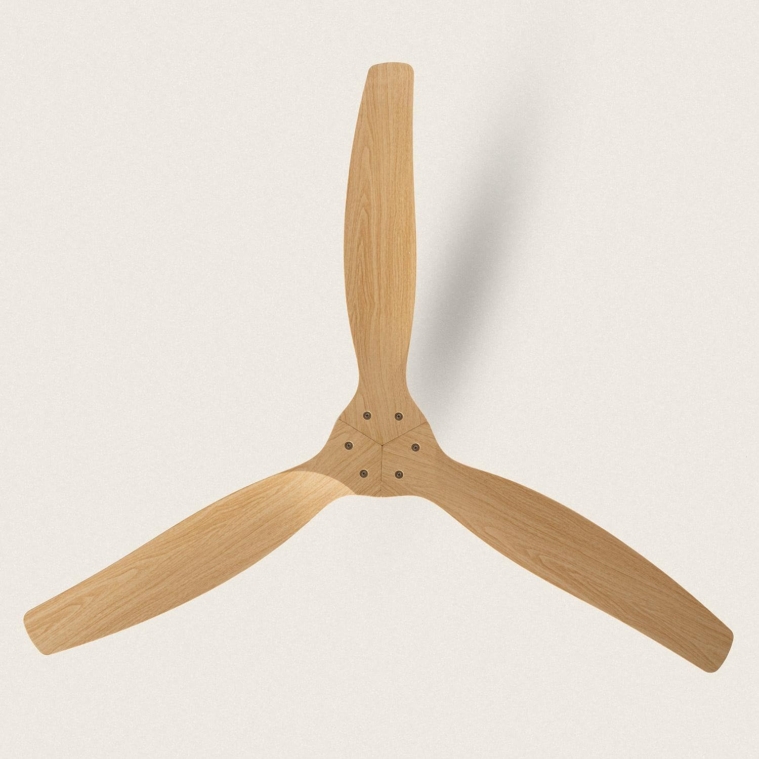 Overhead view of the TECHBREY Angistri ceiling fan's three light wood blades attached to the central white motor housing.