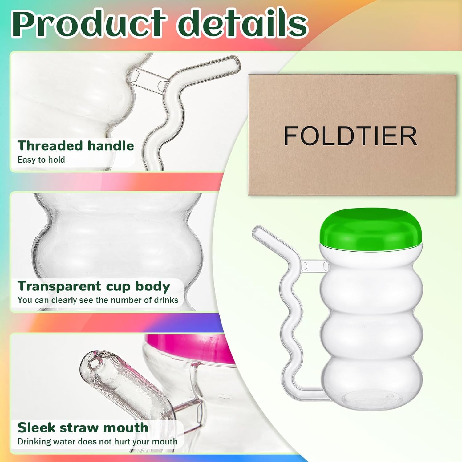 FoldTier 12 Pcs Sip a Mug 14 oz Easy to Grip Plastic Kid's Cup Where the Handle Is the Straw Clear Sippy Cups Spill Proof Mug for Everyday Use for Kids Elderly Disabled and Handicapped, 3 Colors Lid