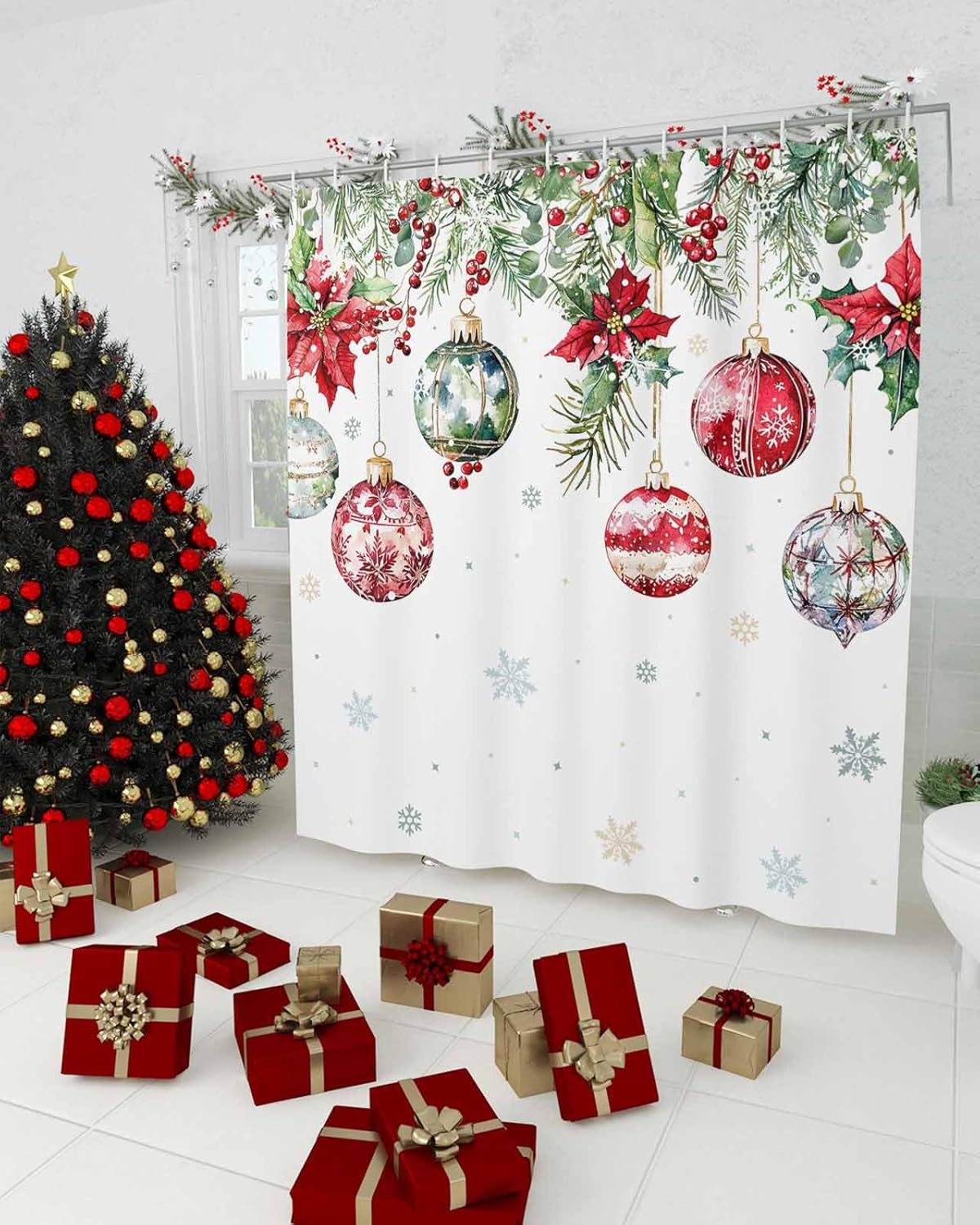 BEMIGO Watercolor Christmas Poinsettia Flower Shower Curtains for Bathroom, Farmhouse Fabric Waterproof Shower Curtain Set with Hooks, Winter Snowflake Ball Christmas Vacation Decorations 36x72inch