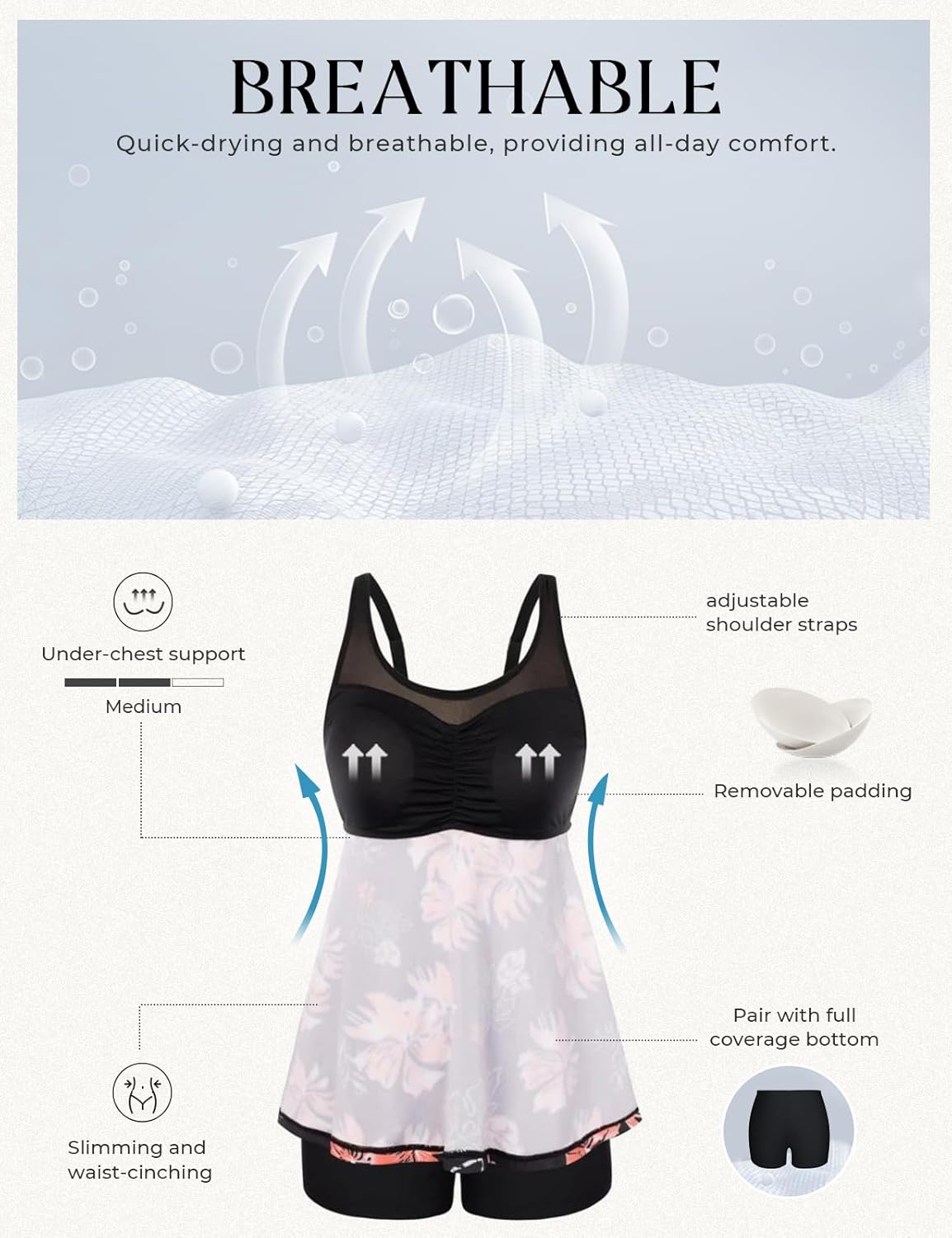 Hanna Nikole Women Two Piece Tankini Swimsuit Modest Bathing Suit Mesh Flowy Swim Top with Tummy Control Boy Shorts