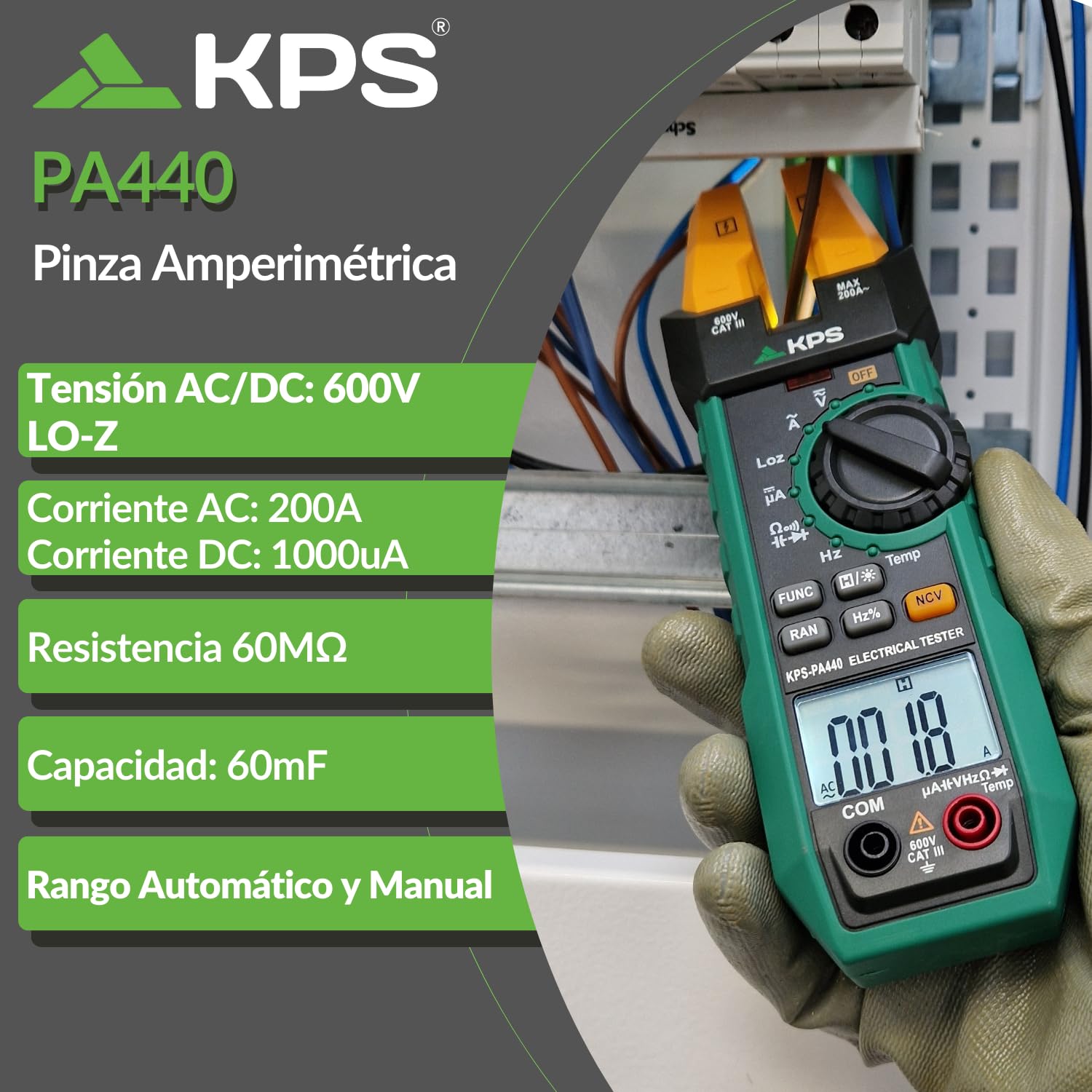 KPS-PA440 Pinza Amperimétrica Profesional con Maxilar Abierto - Multímetro Digital con Medición de Corriente AC 200A, Corriente DC 1000µA, Voltaje AC/DC 600V, Temperatura, Frecuencia, Capacidad y NCV