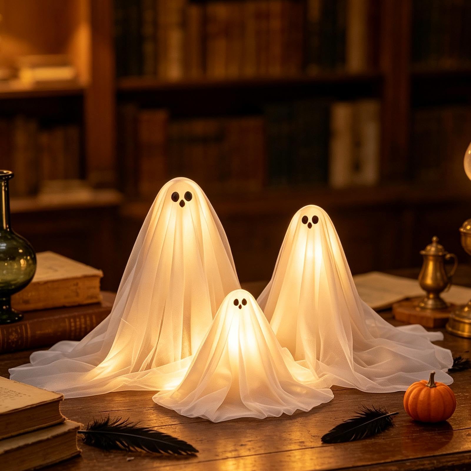 Halloween fantasma 3 pezzi illuminato Halloween Decor | Ghost, luce LED con base in legno, per feste, casa, ufficio, soggiorno, libreria, mensola
