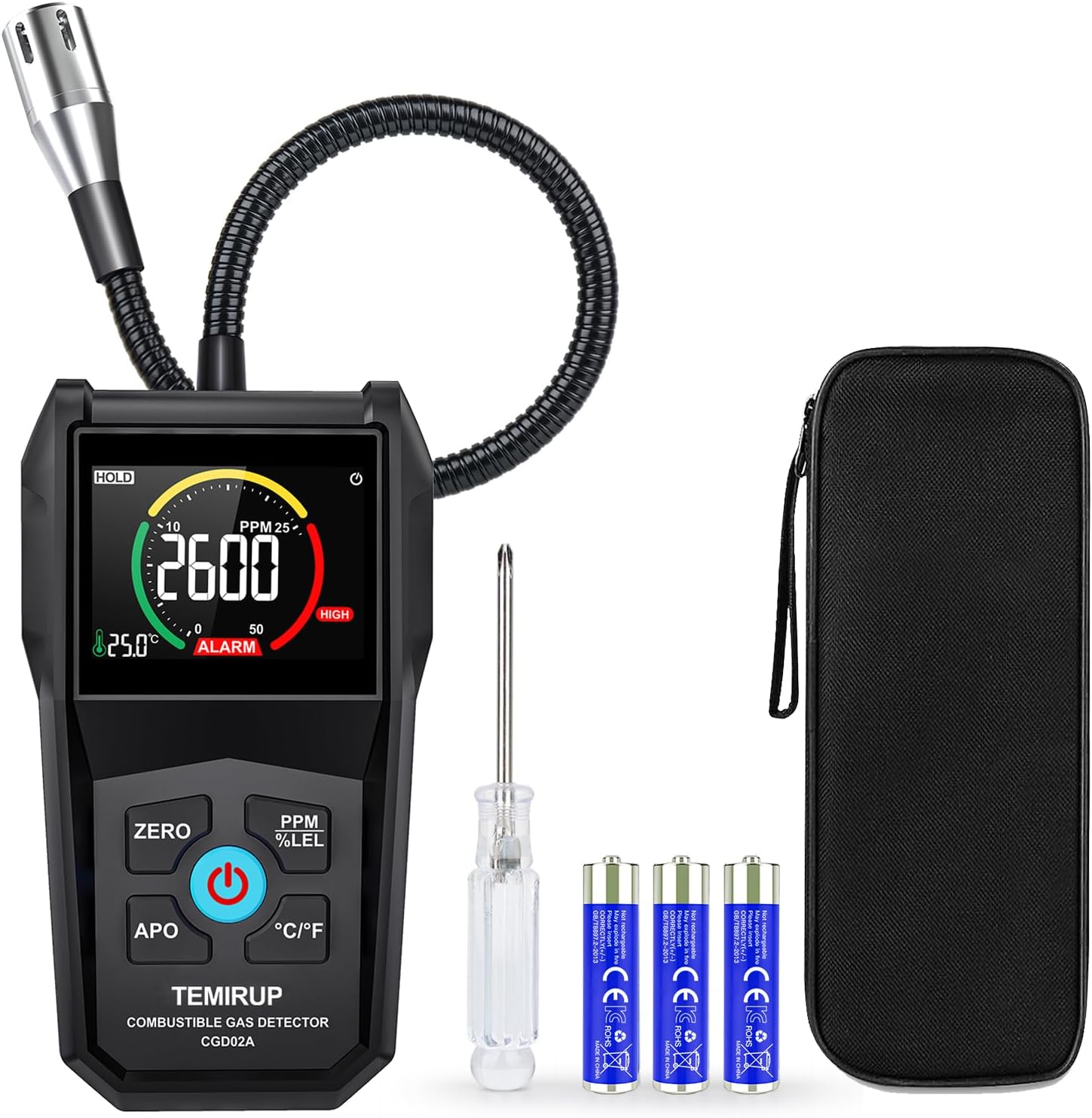 Gas Leak Detector, TEMIRUP Natural Propane Gas Sniffer Combustible Gas Leak Detector with 50-50000PPM 100% LEL, 2.6'' Color LCD Display,Temperature Measure, 12" Flexible Probe,High Sensitivity