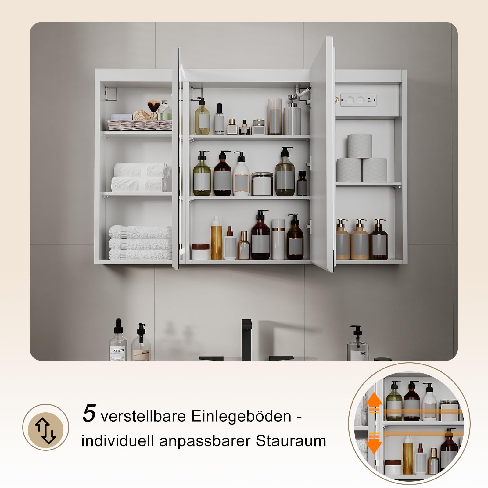 TRIUMPHKEY Spiegelschrank Bad mit Beleuchtung, 120x75cm, 3-teiliges Faltdesign, LED-Licht dimmbar, Sanftschließende Scharniere, Anti-Beschlag, Integrierte Steckdosen & USB, 5 Ebenen Stauraum