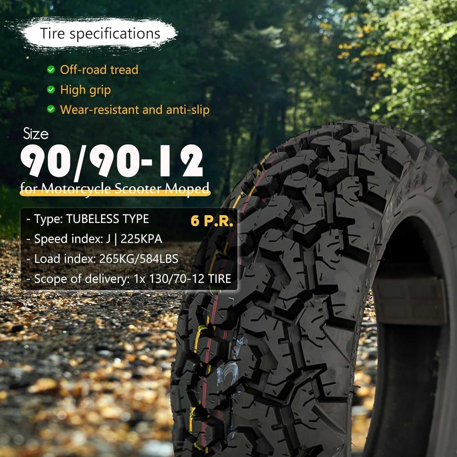 Opona 90/90-12 Opona terenowa Opona blokowa do skutera Tylna 90 90 12 59J Typ bezdętkowy (TL) Do motocykli dwukołowych Wzór bieżnika w kształcie kości
