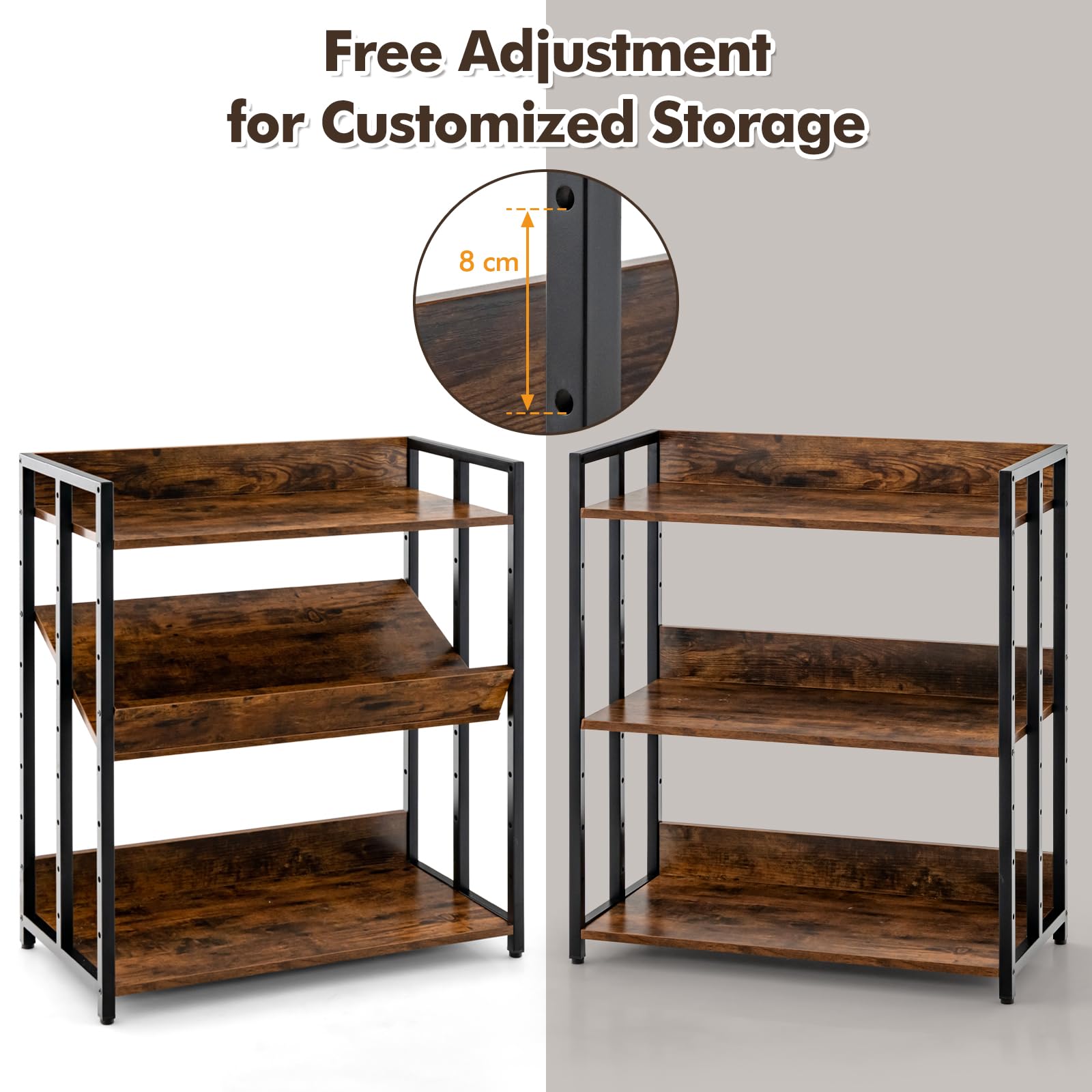GIANTEX Bücherregal Industrial, Standregal 3 verstellbaren Ebenen mit Schutzklappen, Lagerregal Aufbewahrungsregal aus Holz & Metallrahmen, Multifunktionales Beistellregal 70 x 35 x 81 cm (Braun)